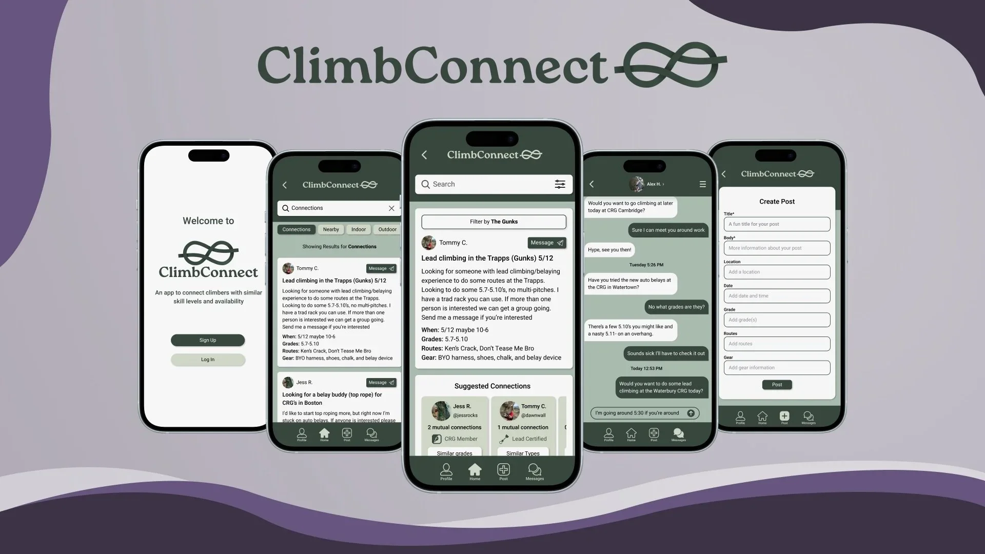 ClimbConnect app mockups
