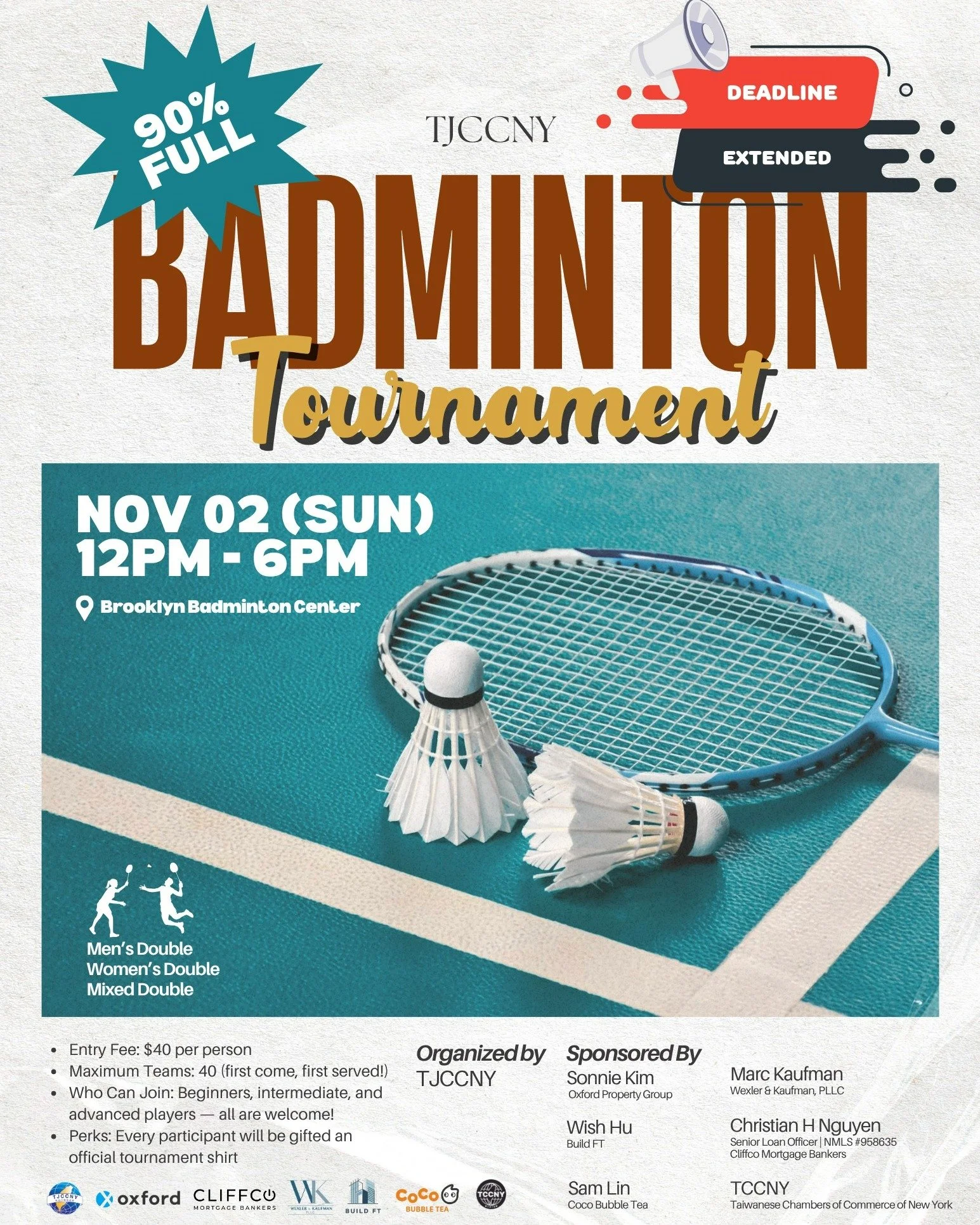 🏸 TJCCNY 2025 Badminton Tournament &ndash; 90% Full! 🏸
Only a few spots left, we&rsquo;re almost at capacity! If you&rsquo;ve been thinking about joining, this is your last chance⏳

⚡ Swipe to see how the tournament works
Check out the slides for t