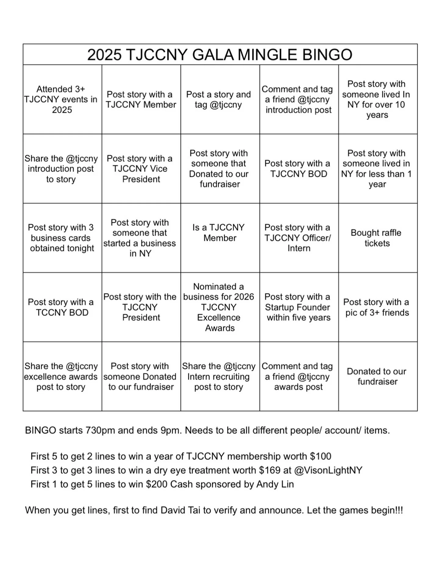 ✔️
MINGLE BINGO
Let&rsquo;s make networking fun tonight at the 2025 TJCCNY Gala 🥂

🕢 Game Time: 7:30 PM &ndash; 9:00 PM
📸 How to play:
✔️ Complete the squares by mingling, posting IG stories, tagging @tjccny, and meeting NEW people
✔️ Every square