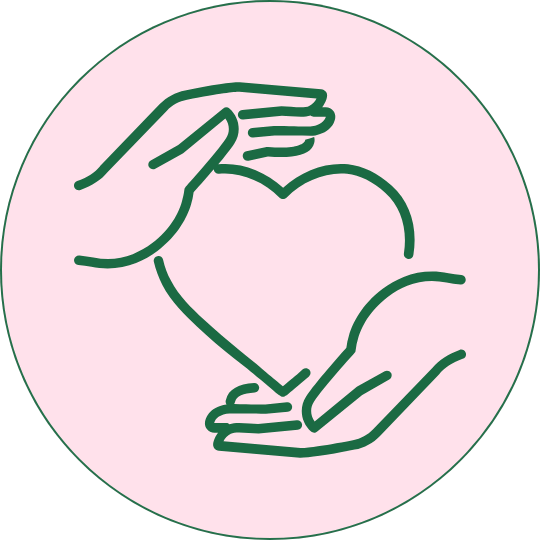 Illustration of two hands forming a heart shape on a pink circular background.