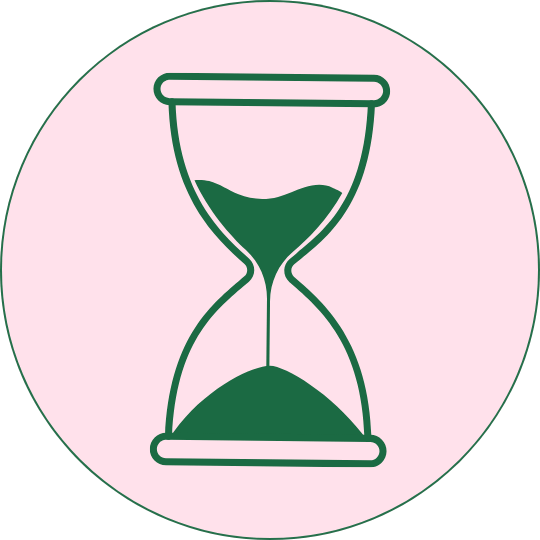 Illustration of an hourglass with green sand inside, set against a pink background.
