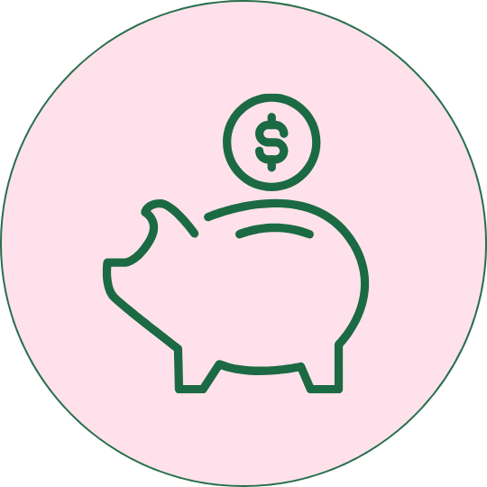 Line drawing of a piggy bank with a dollar coin above it inside a pink circle.