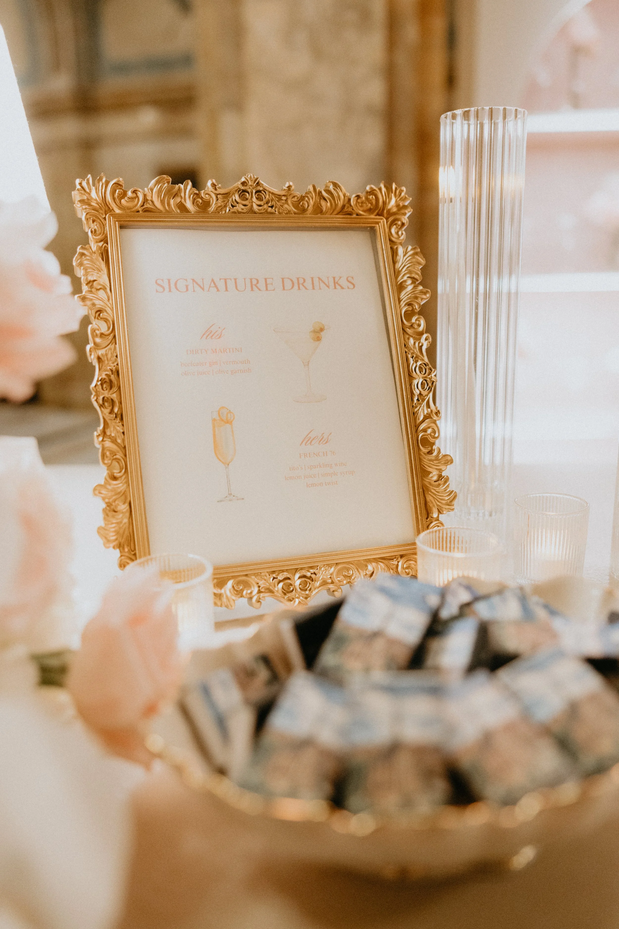 Table assignment place cards on marble surface