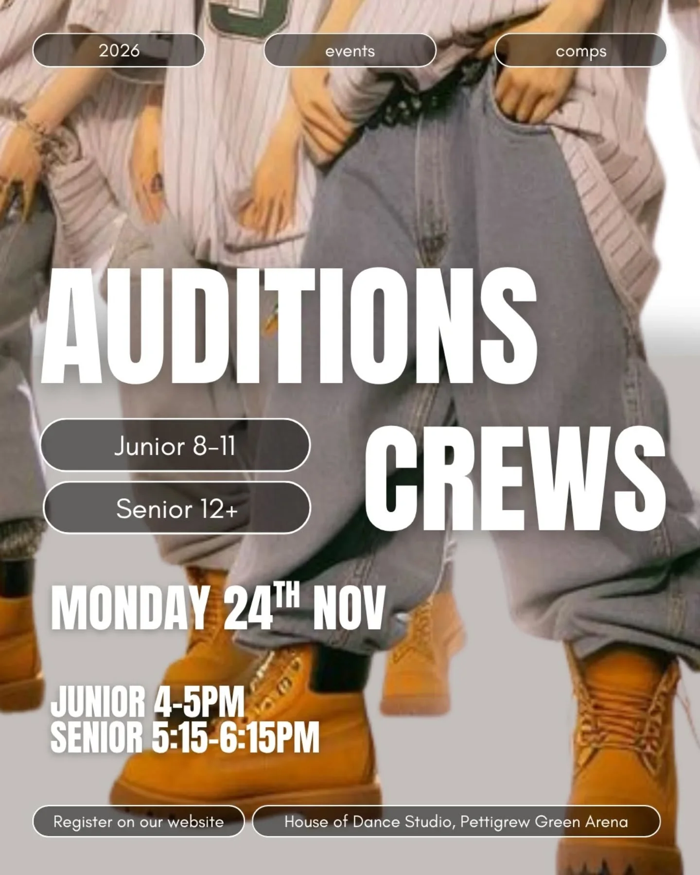 ❗️Change of day!! Hip Hop Crews Are Coming to HOD 🔥
LETS GOOOO
🗓
Auditions - Monday 24th Nov 
🖤4–5pm (11 & under)
🖤4:15–5:15pm (12+)
📍
House of Dance Studio, Pettigrew Green Arena
For all 🫶
Nau mai haere mai 
Register via l