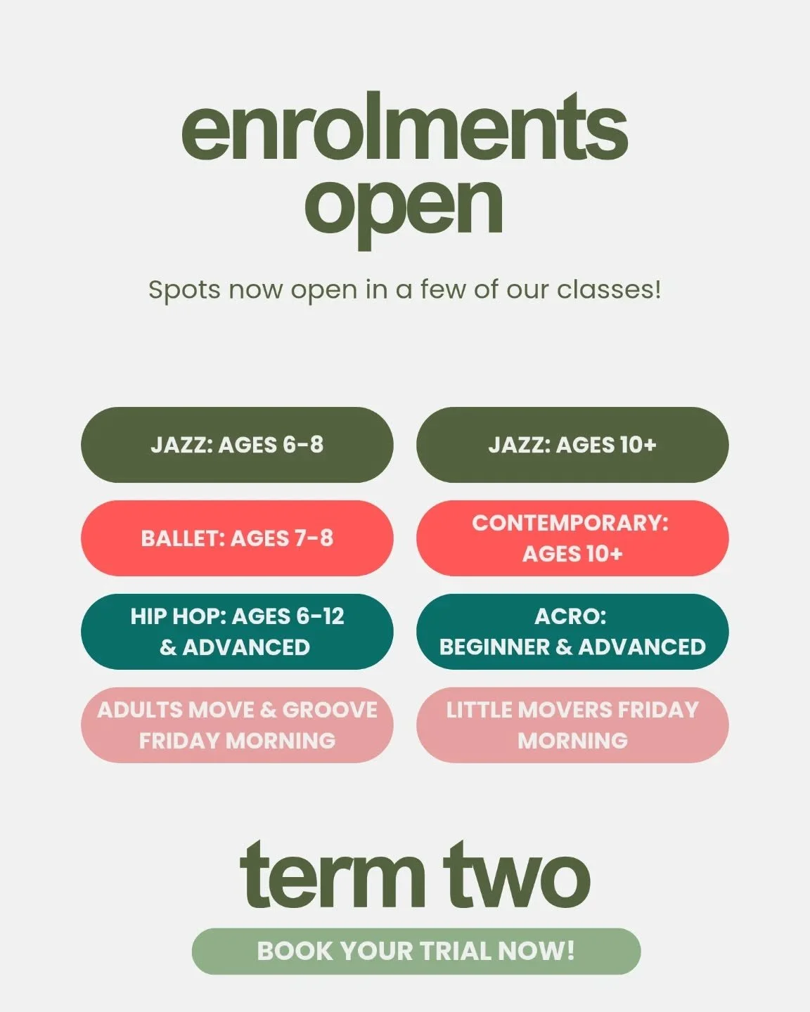 ✨ Term 2 enrolments are now open! ✨

We&rsquo;ve got a few spots available across some of our classes for term 2 and would love to welcome some new dancers into our House of Dance whānau 💛

Available classes by school year &amp; Ages below!
🖤
Jazz 