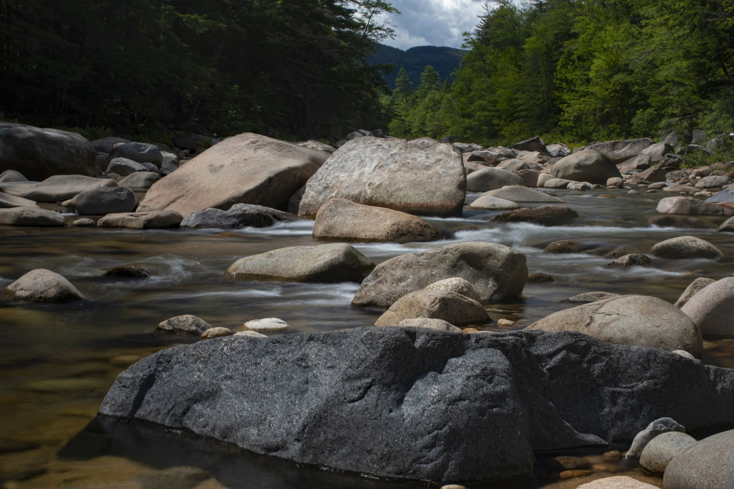 A rocky river flowing through a lush green forest with mountains in the background on a partly cloudy day.