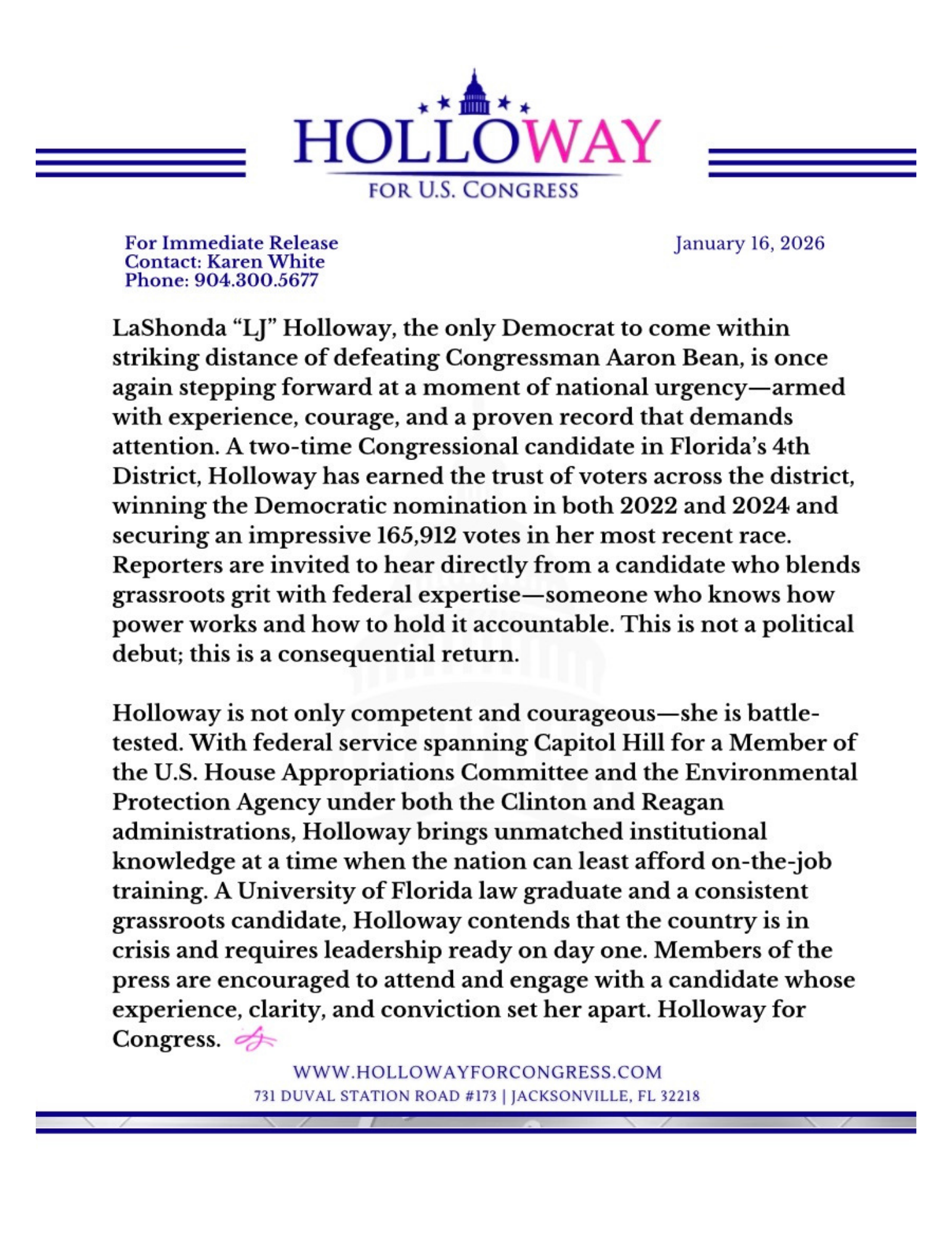 A political campaign flyer for 'Holloway for U.S. Congress' featuring text about candidate LI Holloway's credentials, election history, and campaign details, including contact information, date, and website.