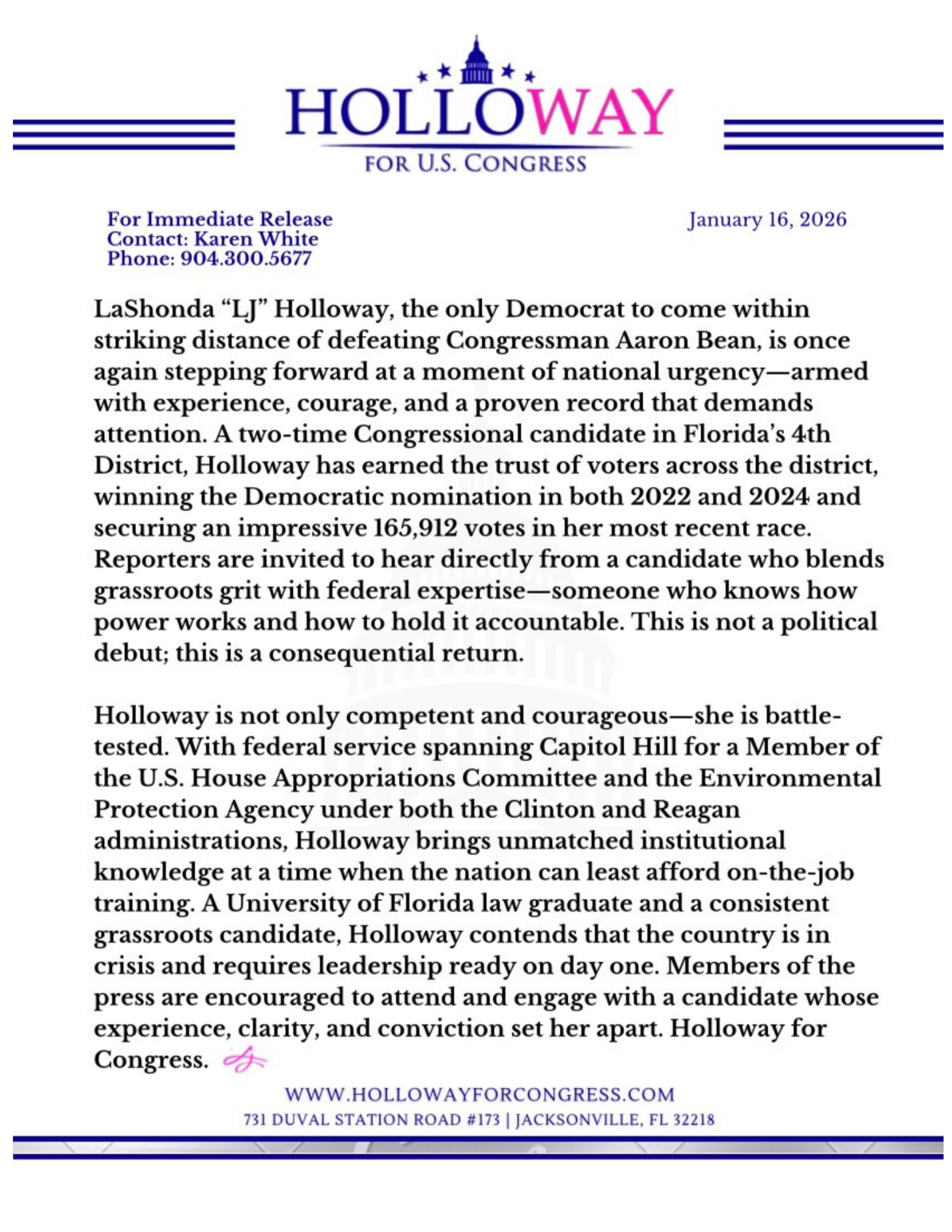 Campaign flyer for Holloway for U.S. Congress featuring a letterhead, contact information, and a written statement advocating for Holloway's campaign, with the website URL and physical address at the bottom.