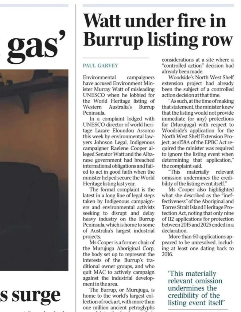 The Australian article reporting on Johnson Legal client Raelene Cooper as she lodges a complaint with UNESCO against the Australian Government
