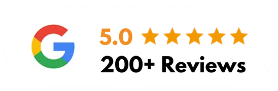 Google logo with 5-star rating, 5.0 score, and 200+ reviews