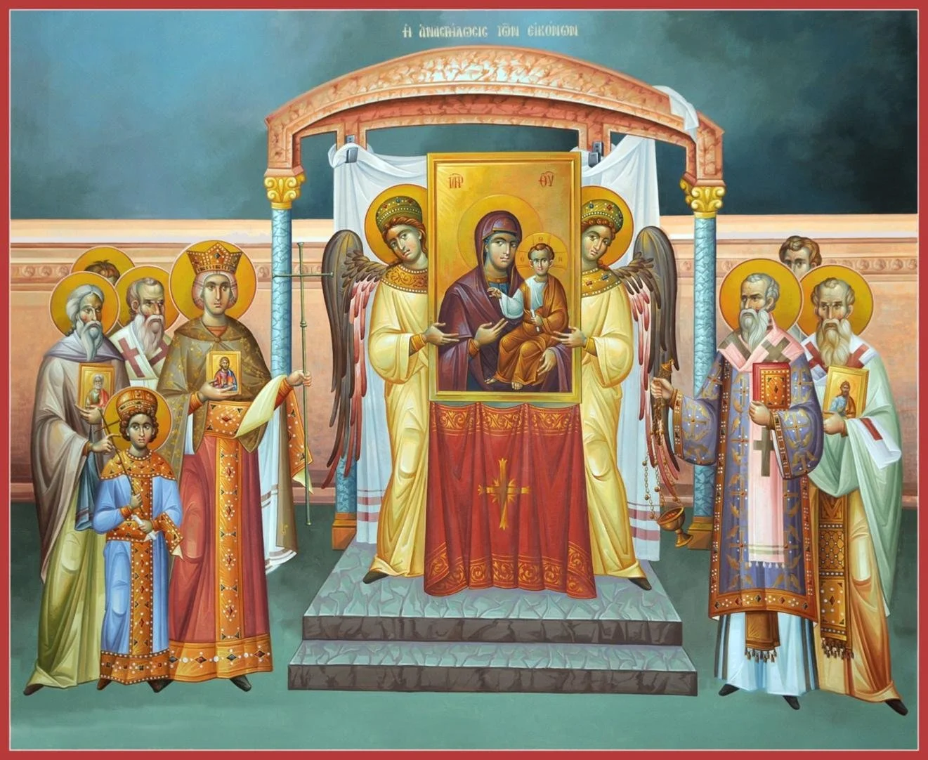 Orthodox Christian icon depicting the Coronation of the Virgin Mary with angels, saints, and religious figures gathered around. Central figures include Mary holding baby Jesus, flanked by angels and saints dressed in colorful robes, on a stage with a cloth-covered table.