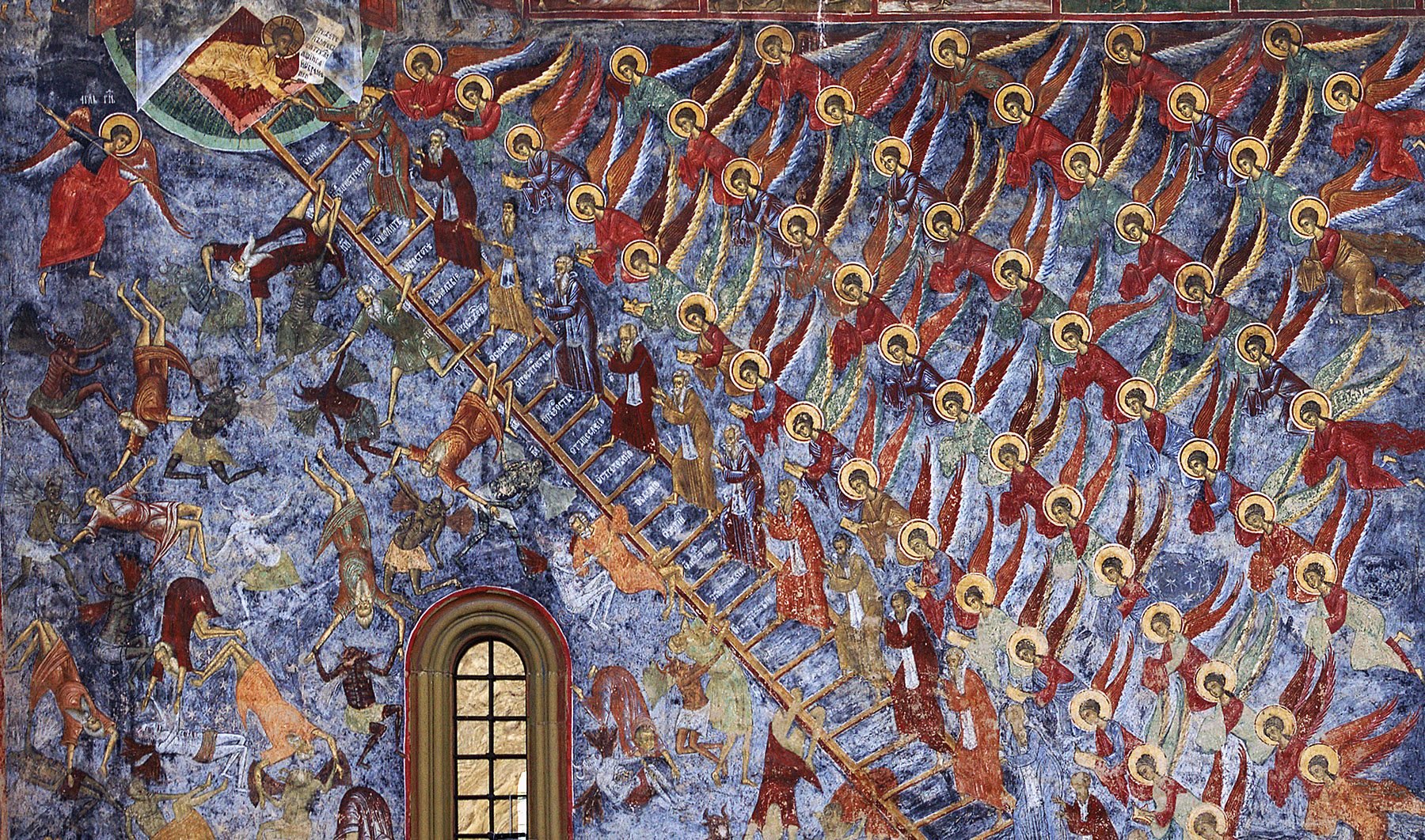 A religious painting depicting Jesus Christ ascending to heaven, surrounded by angels and disciples, with a ladder reaching up toward heaven, set in a church wall with a window in the lower part.