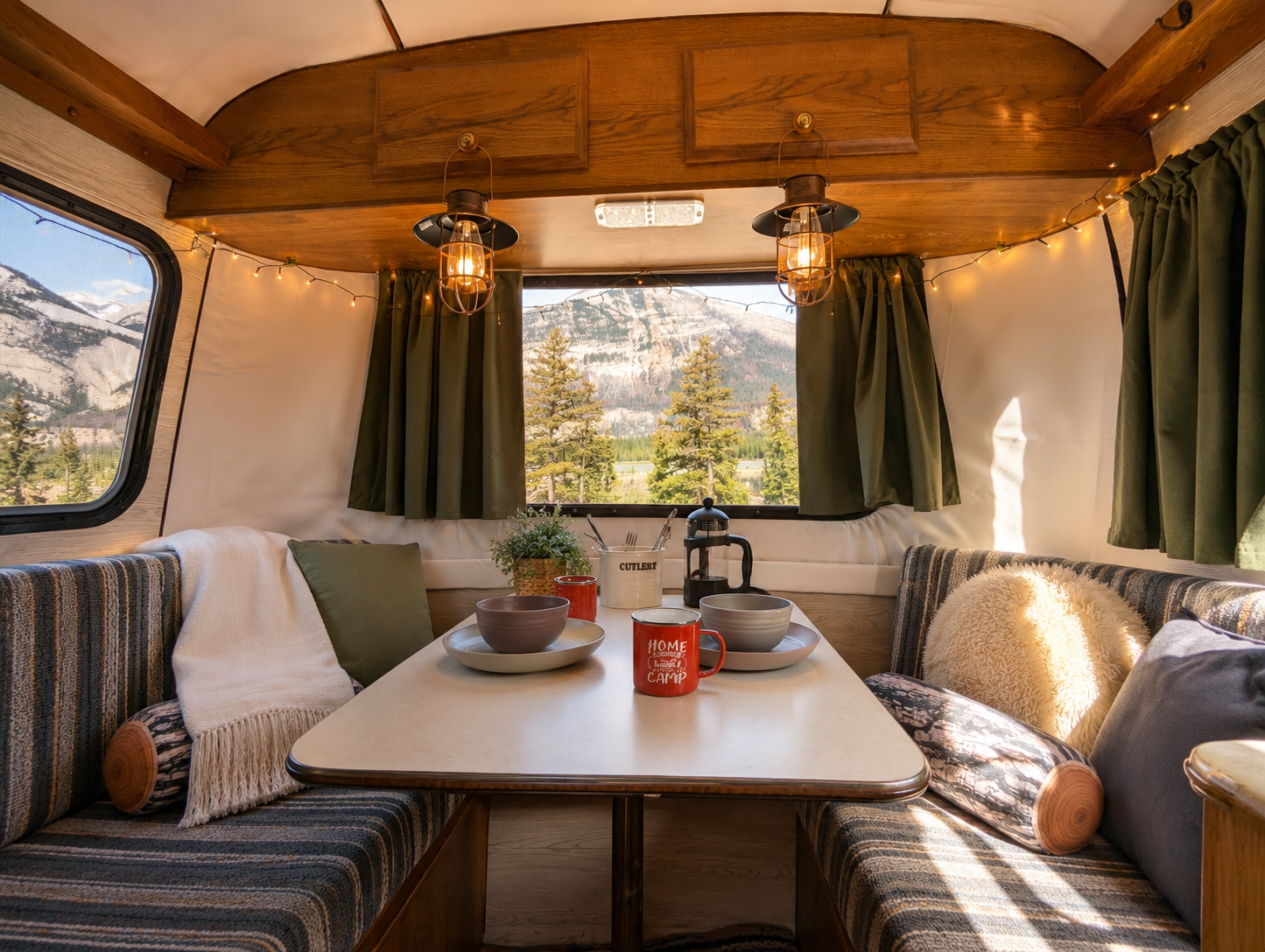 Cozy camper interior with a dining area, eclectic cushions, a table with bowls, mugs, and a French press, large windows showing mountain scenery, green curtains, decorative string lights, and warm wood accents.