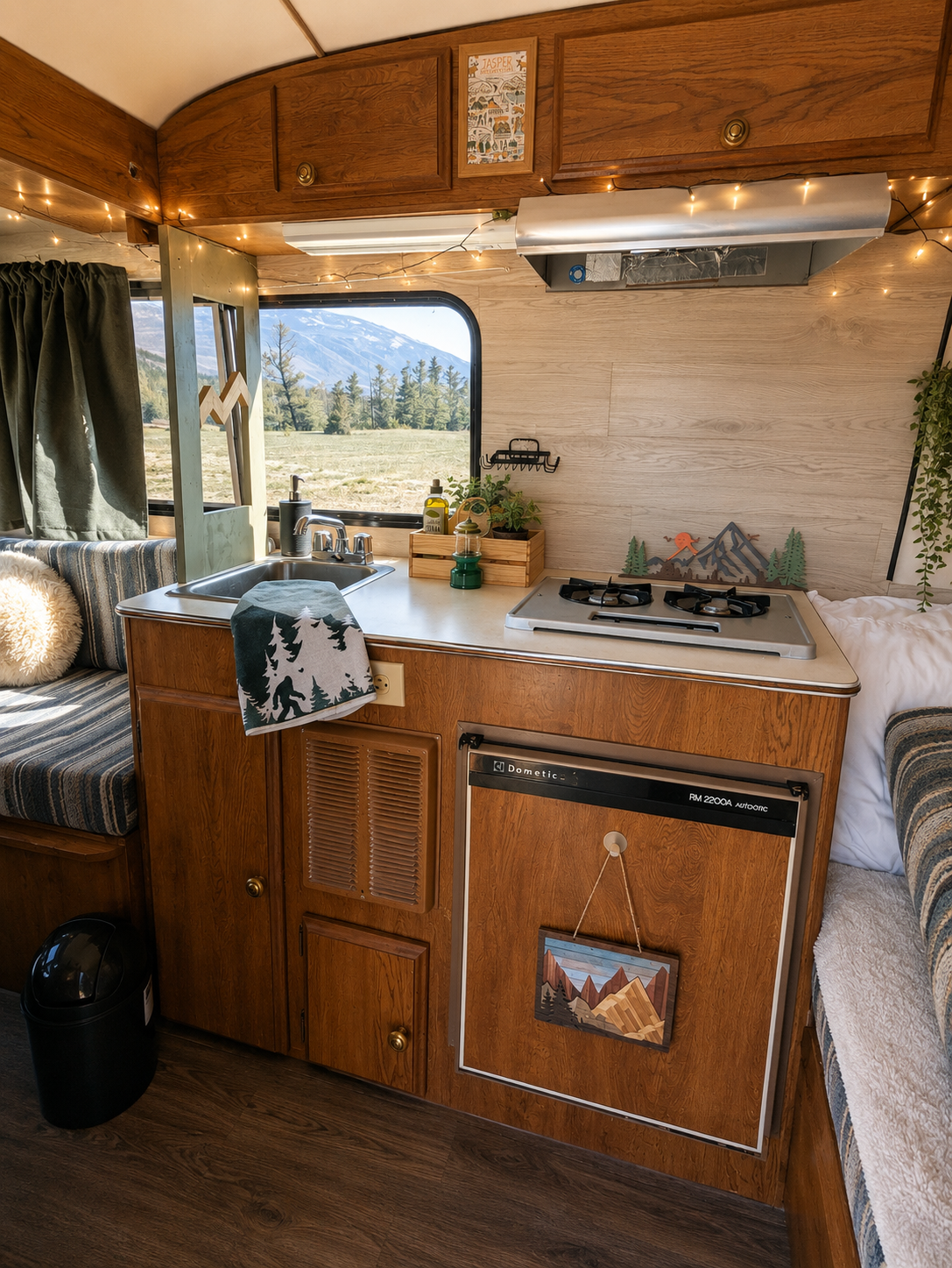 Cozy camper interior with a small kitchen area, including a sink, stove, and mini refrigerator, decorated with rustic and nature-inspired accents, with a window showing a mountain landscape outside.