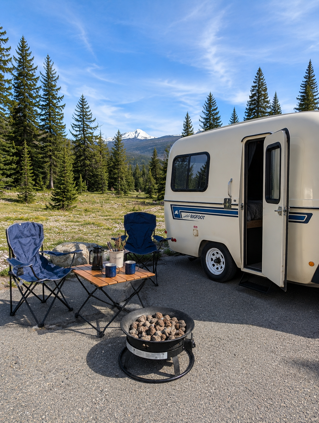 Camping scene with a white trailer, two blue chairs, a small wooden table with coffee mugs, a coffee pot, and a bucket of rocks, set against a backdrop of tall green pine trees and snow-capped mountains under a blue sky.