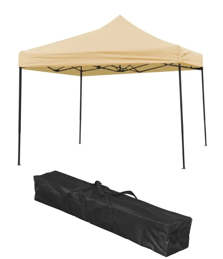 Pop-up canopy tent with beige top and black frame, accompanied by a black carrying bag.