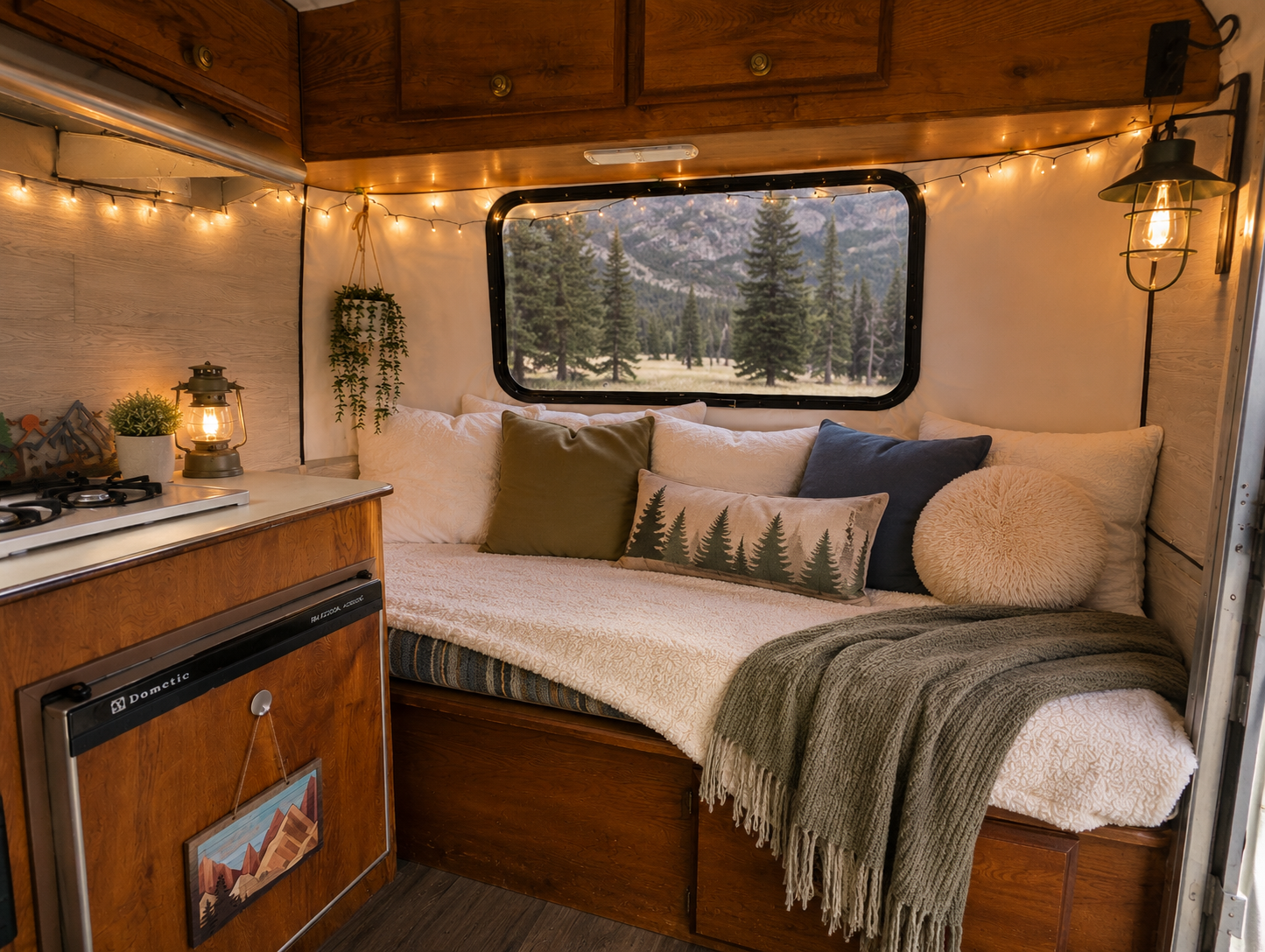 Cozy camper interior with a bed lined with pillows and a green throw blanket, a window showing a mountain landscape, string lights, and a small kitchen area with a lantern and a small plant.