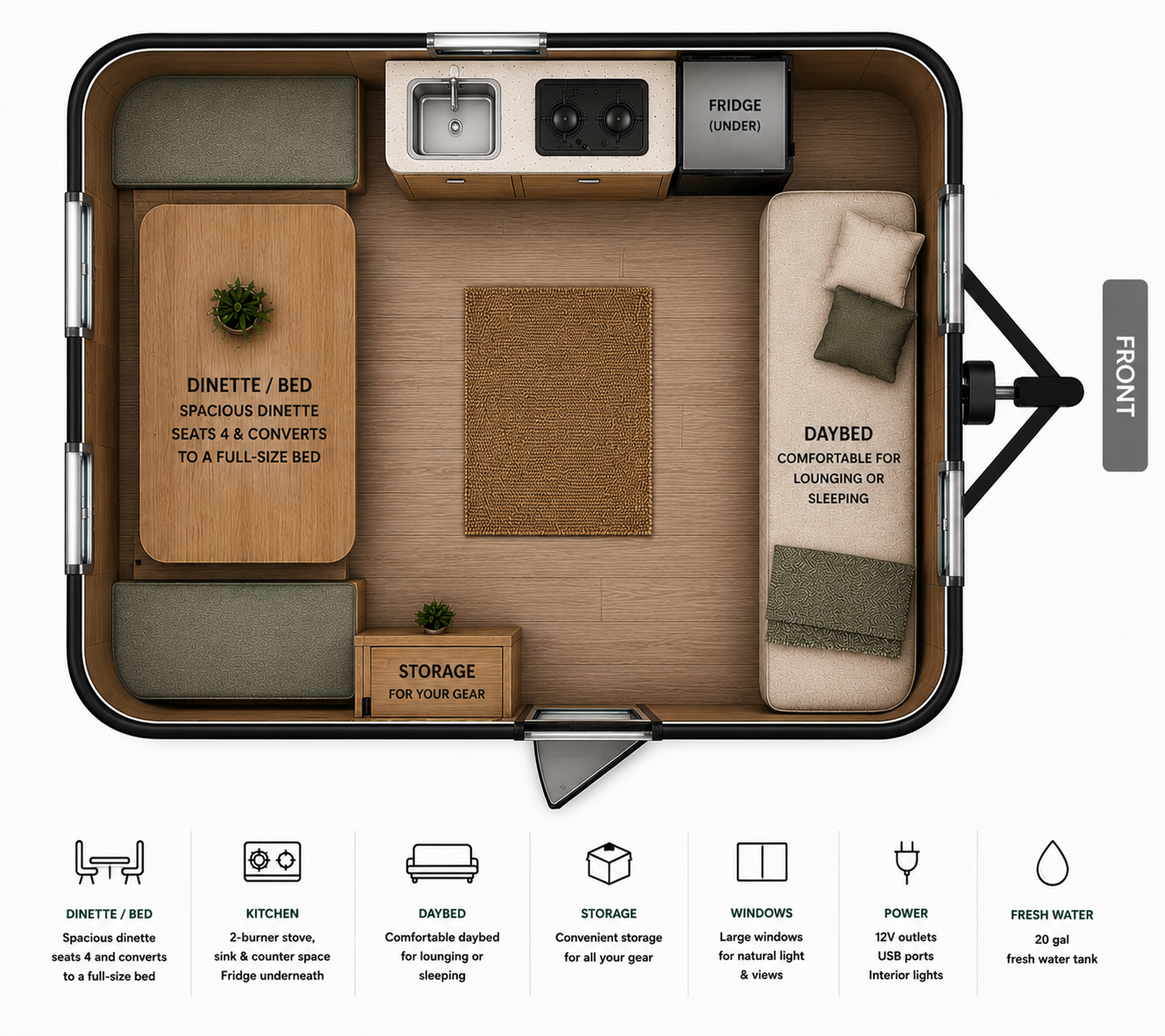 Top-down view of a tiny home interior with a front entrance, showing a seating and sleeping area, a kitchenette, storage, and windows.