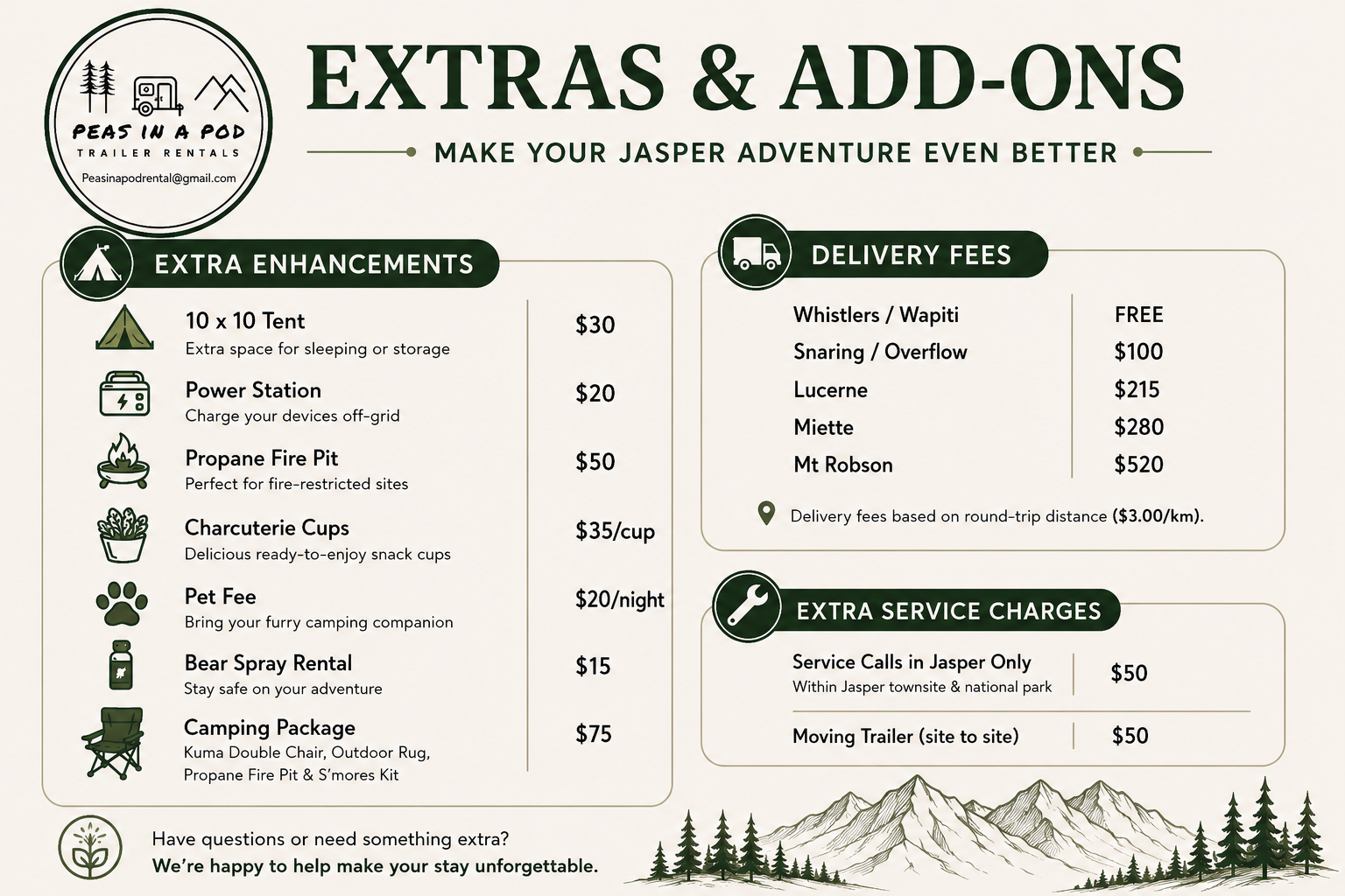 A rental service menu for Peas in a Pod Trailer Rentals offering extras and add-ons for outdoor adventures. It lists items such as a 10x10 tent, power station, propane fire pit, charcuterie cups, pet fee, bear spray rental, and camping package with prices. Delivery fees vary by destination, and extra service charges include service calls and moving trailer fees.