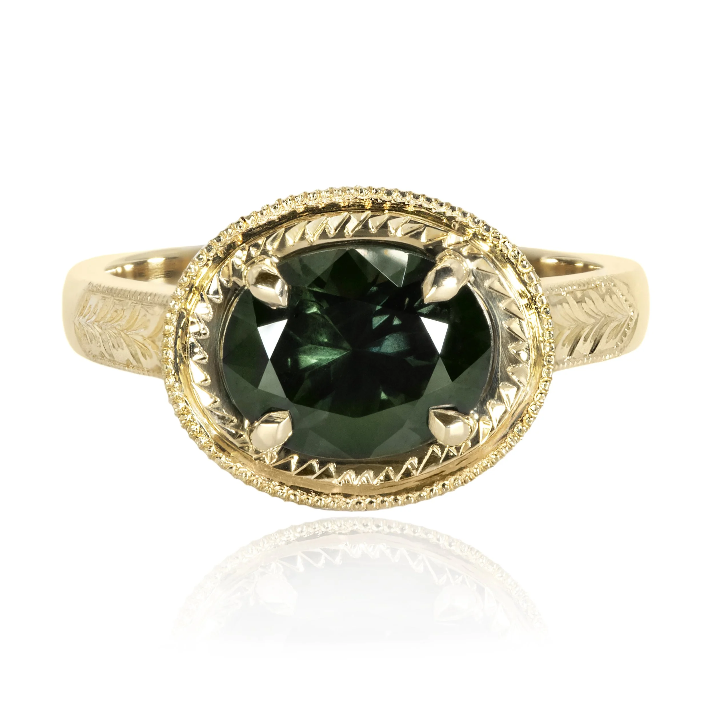 Green Australian Sapphire Engraved Ring