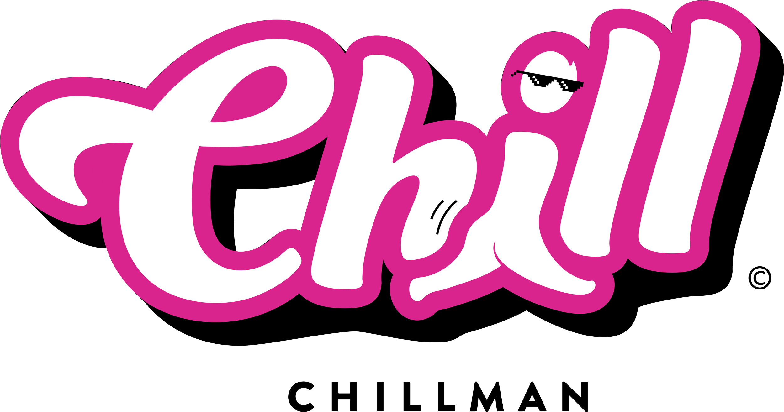 Colorful logo with the word 'Chill' in bold pink and white letters with a small face wearing sunglasses inside the letter 'I', and the words 'Chillman' below in black.