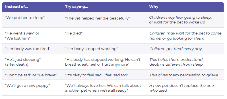 Phrases that can help children understand death and grief and avoid misunderstanding