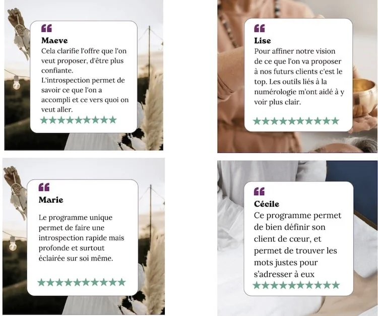 Quatre citations en français de différentes personnes, avec leur nom, accompagnées de petites images ou fonds variés.
