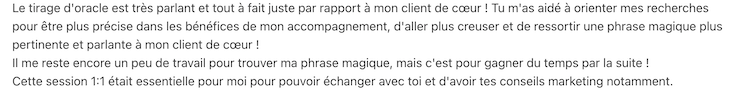 Texte en français sur une session de coaching ou de marketing, mentionnant Oracle, recherche, marketing et conseils.