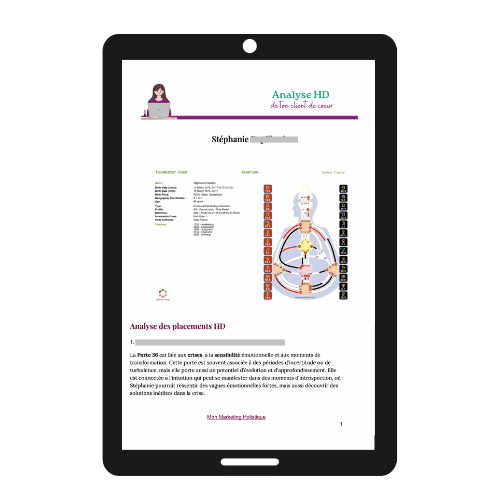 Page de document affichée sur une tablette, contenant une analyse HD avec un diagramme du corps humain et du texte en français.