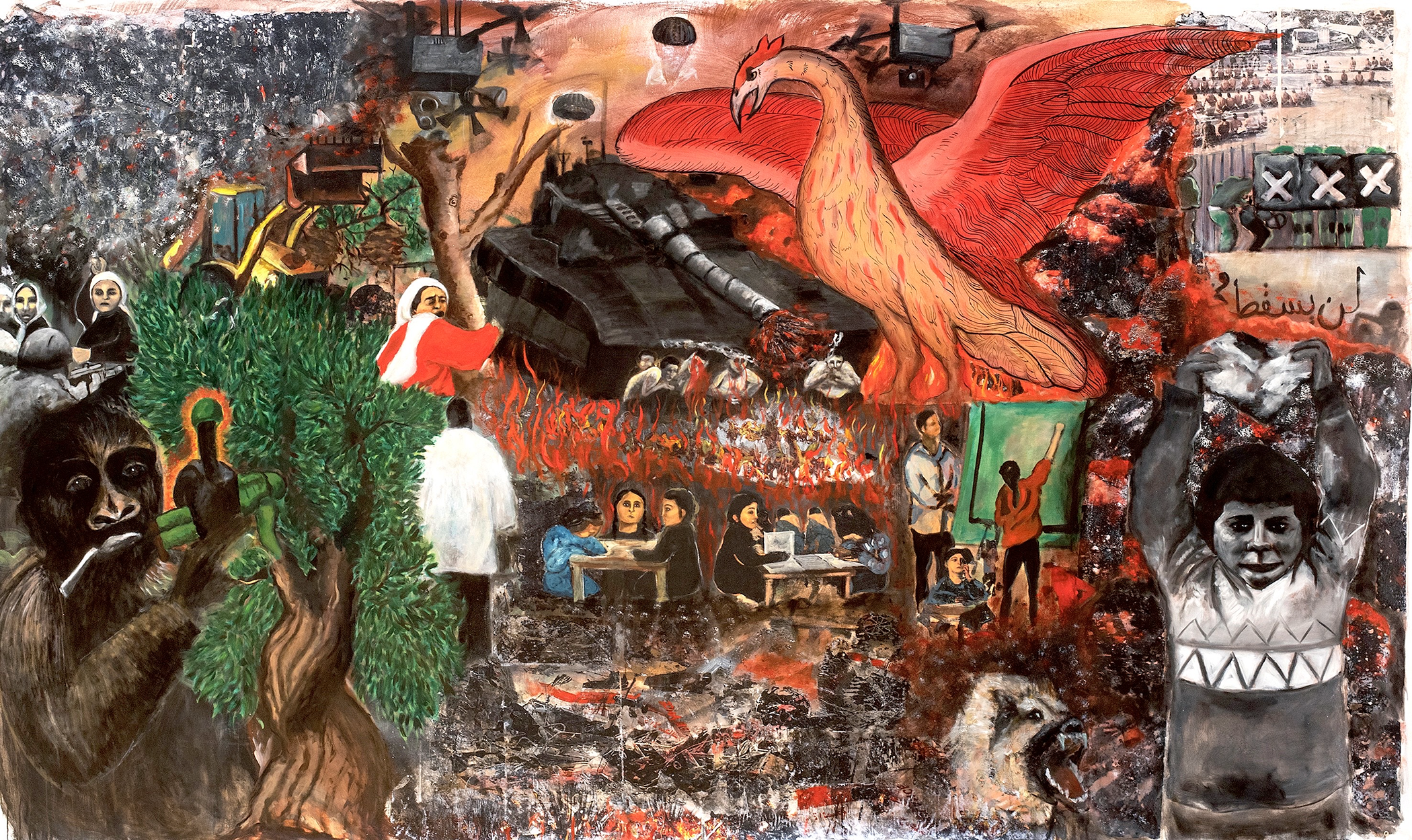 Gaza is a Phoenix, oil and collage on canvas (2025)