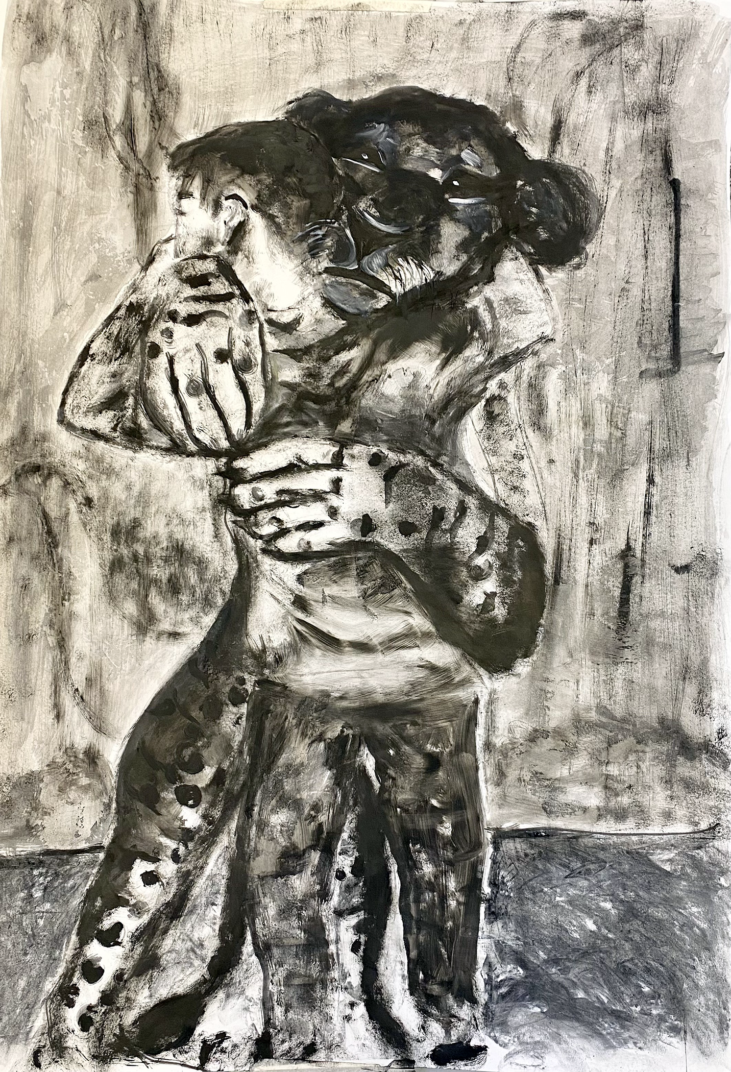 Tiger embracing the boy, oil and charcoal on paper 100 x 80 cm (2025)