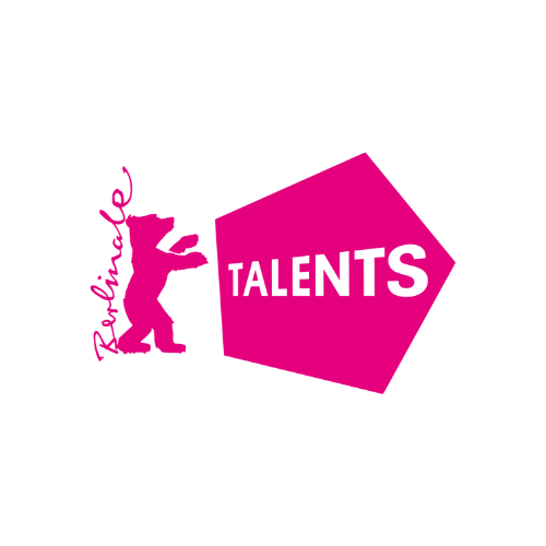Pink rabbit holding a sign that says "Rabbits" with a pink pentagon shape containing the word "TALENTS" in white letters