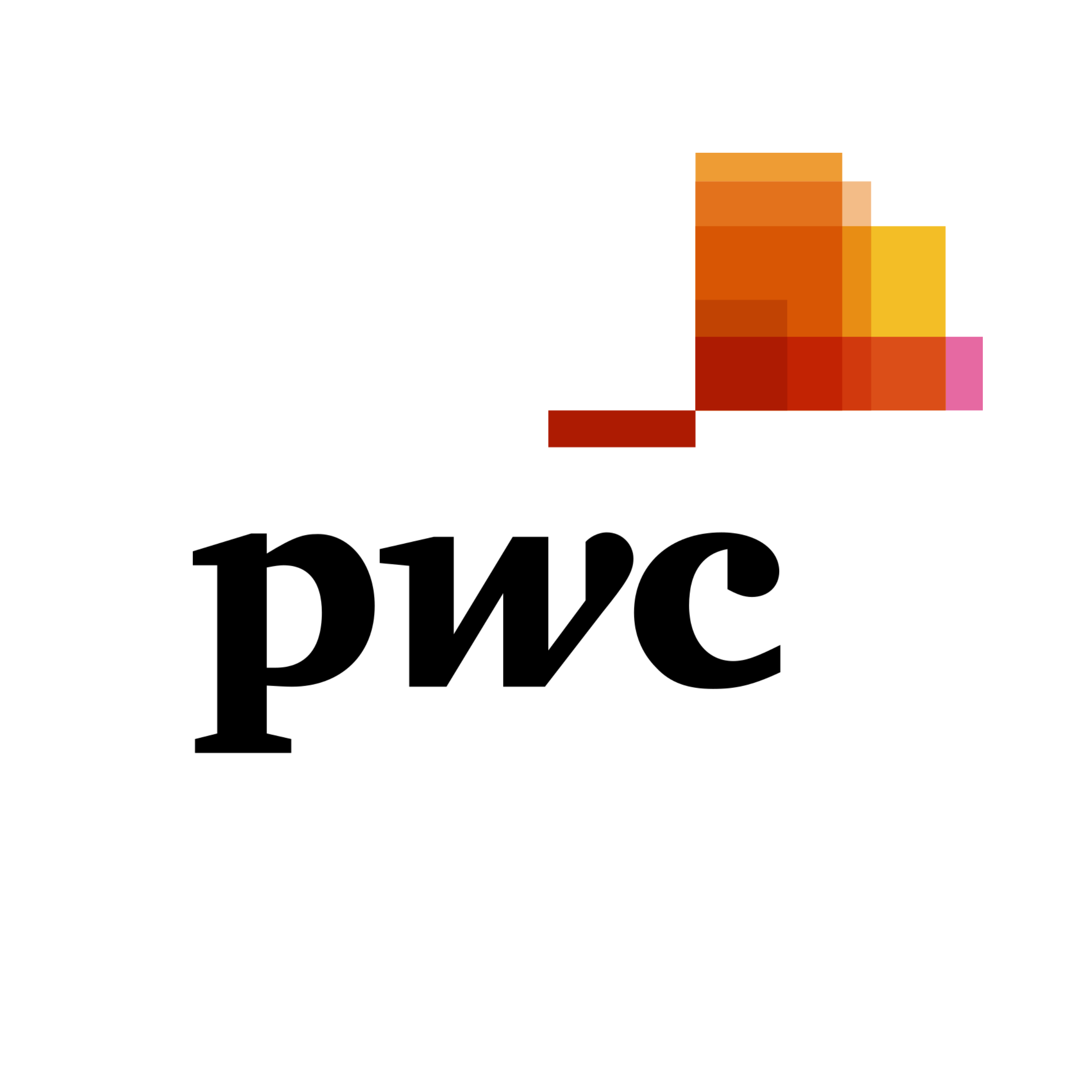 The PwC logo with a colorful pixelated square design above the text.
