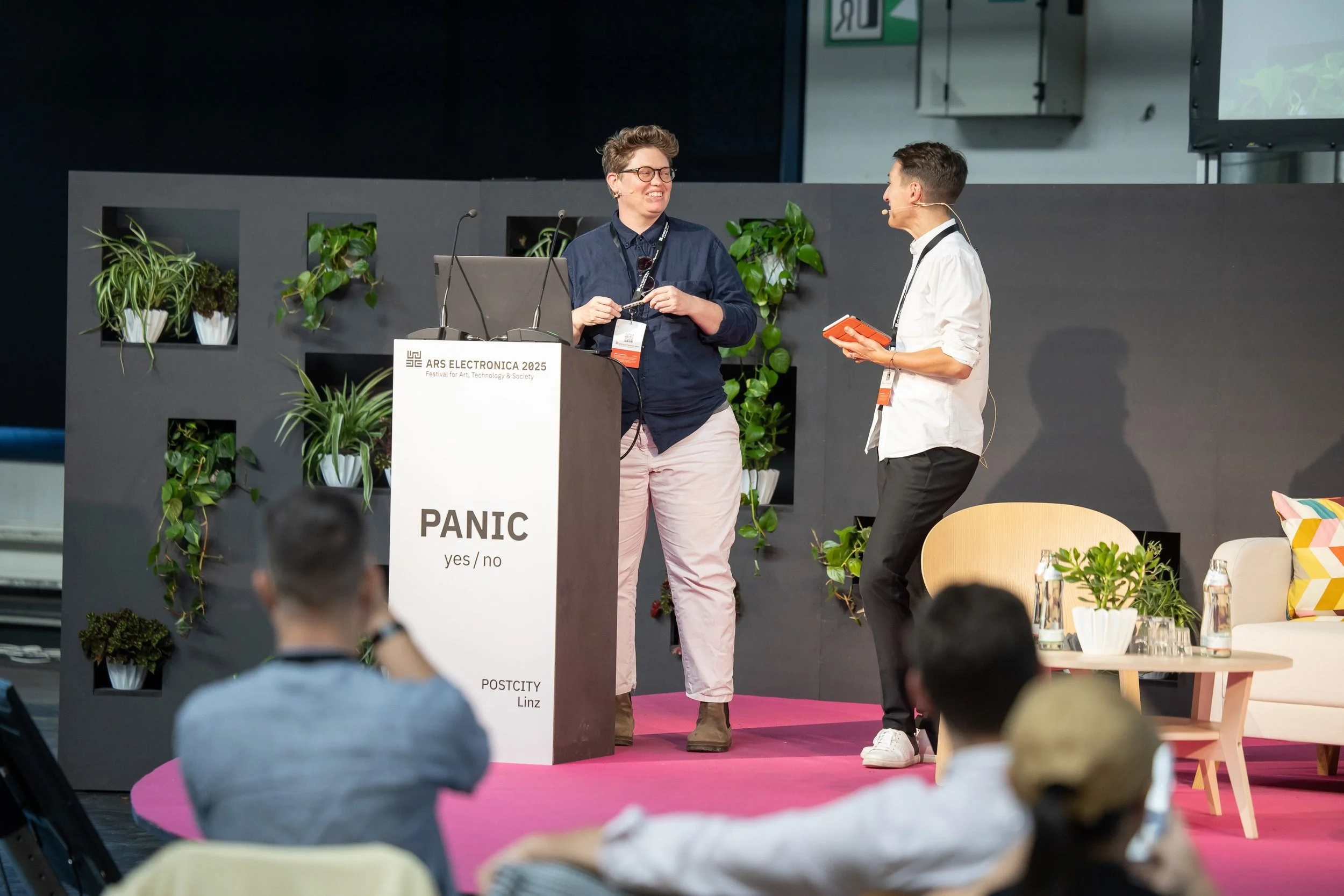 Photo: flap / From left to right: Sarah Ellis, AC Coppens / Staged Realities Conference at Ars Electronica 2025