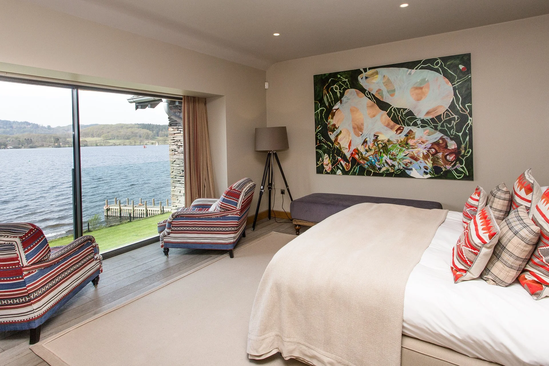 There are five en-suite bedrooms with floor-to-ceiling windows, four of which have uninterrupted lake views. Three have balconies. Each has a ViSpring bed, two of which can be made up as twins. Make and enquiry for an escape to Lake Windermere.