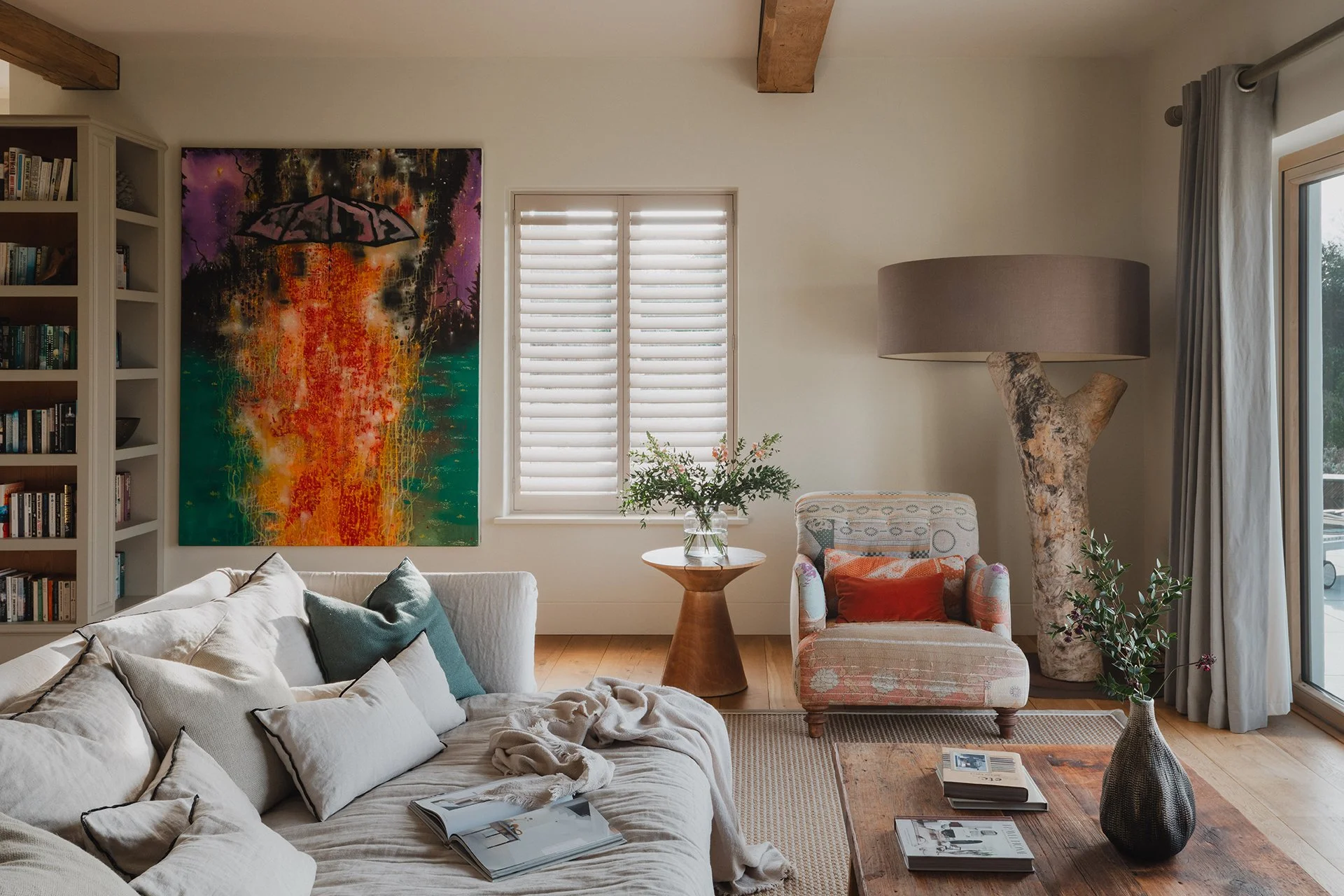 The living room’s homely feel is boosted by its Stuv woodburner, inviting sofas and luxury linens, leather and wood. A large round games table is perfect for late-night Scrabble and Monopoly marathons.