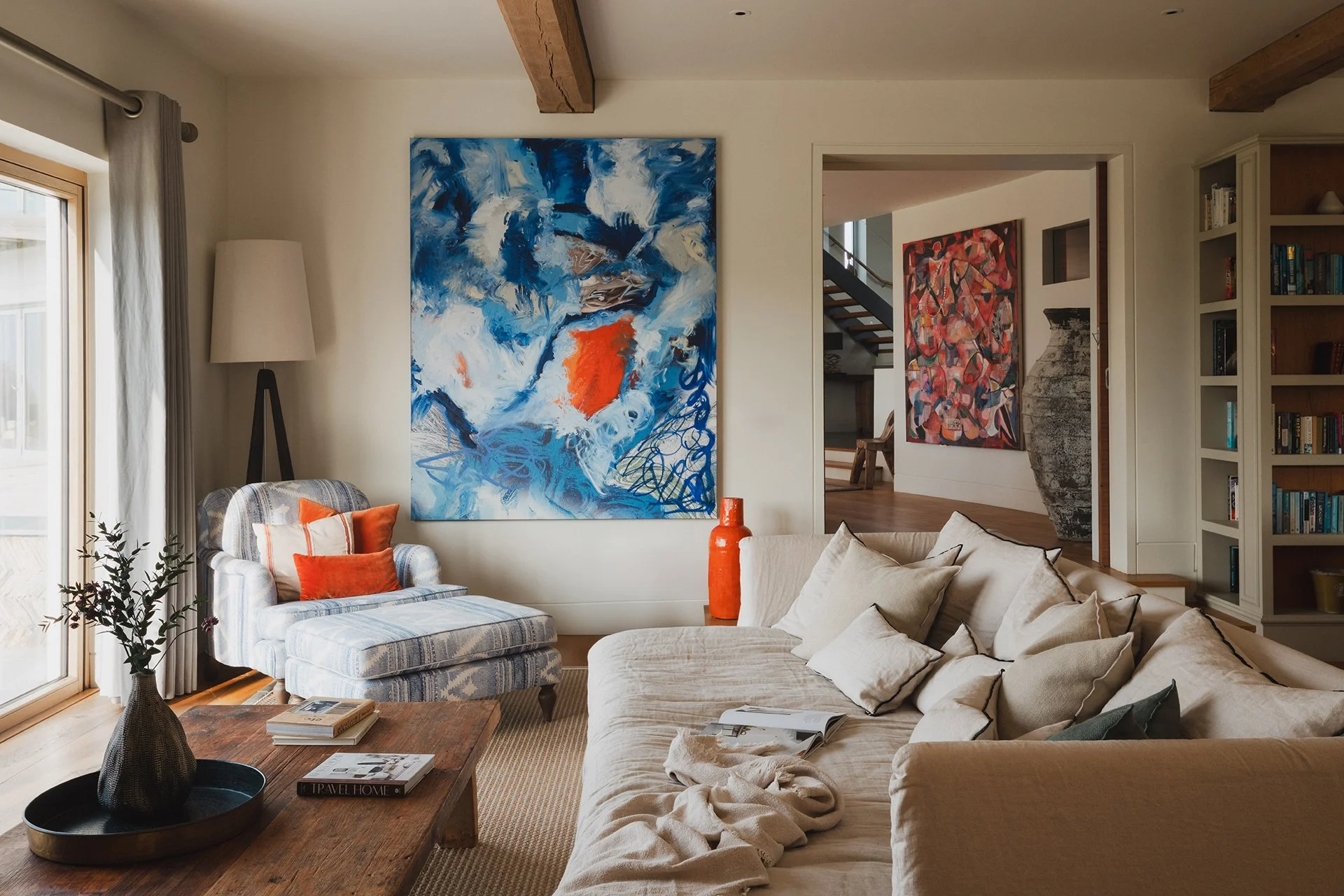 The living room’s homely feel is boosted by its Stuv woodburner, inviting sofas and luxury linens, leather and wood. A large round games table is perfect for late-night Scrabble and Monopoly marathons.