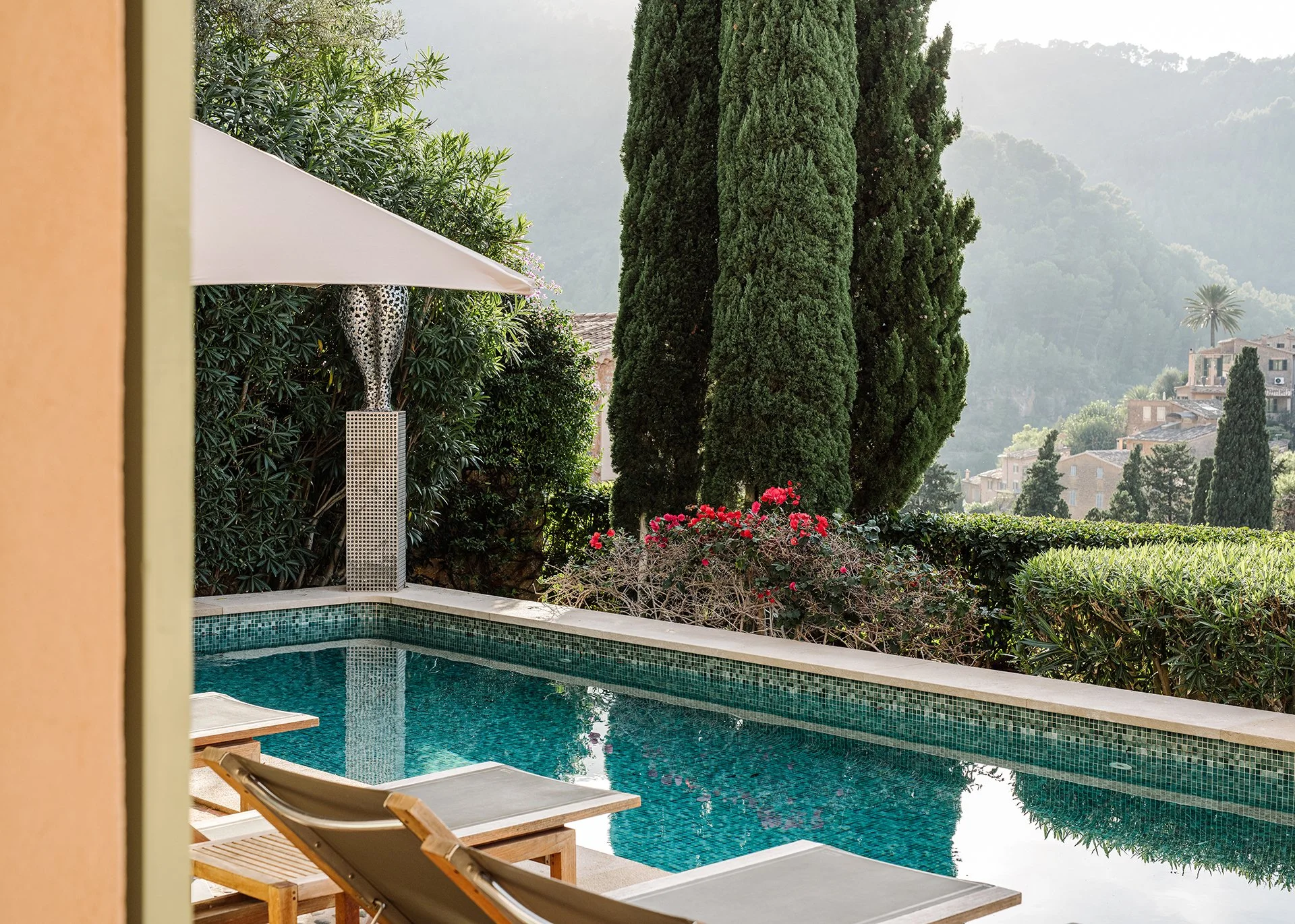 Olive and Cypress trees surround the pool with pink bougainvillea creeping up and over the stone walls. Fragrant orange and lemon trees add to the tranquillity.