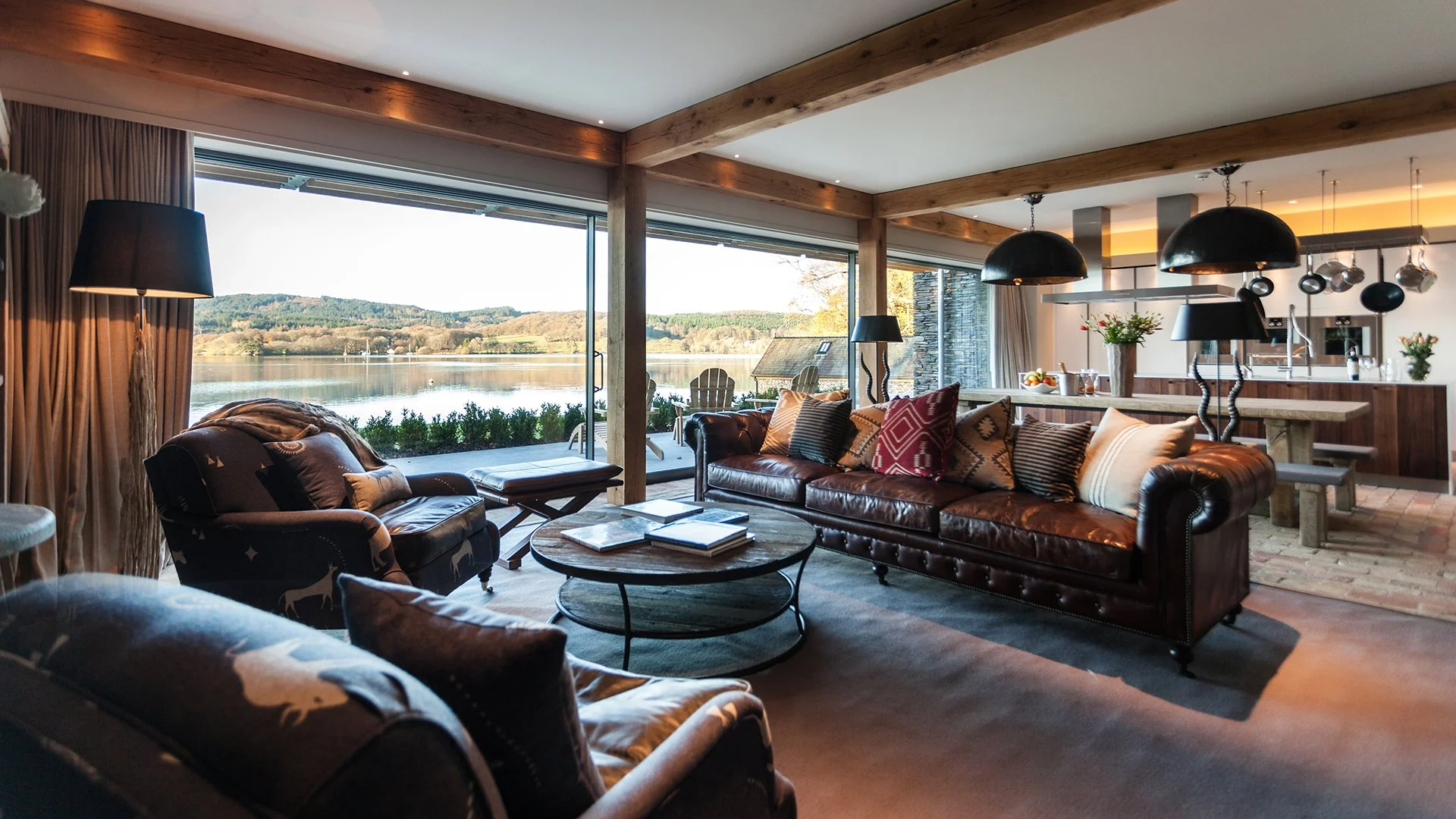 The lake house sleeps up to 10 guests in five bedrooms with interiors features such as decorative antlers, warm plaid fabrics and faux fur rugs contributing to its ski chalet/hunting lodge vibe. Make an enquiry for Grey Gables, Lake Windermere. 