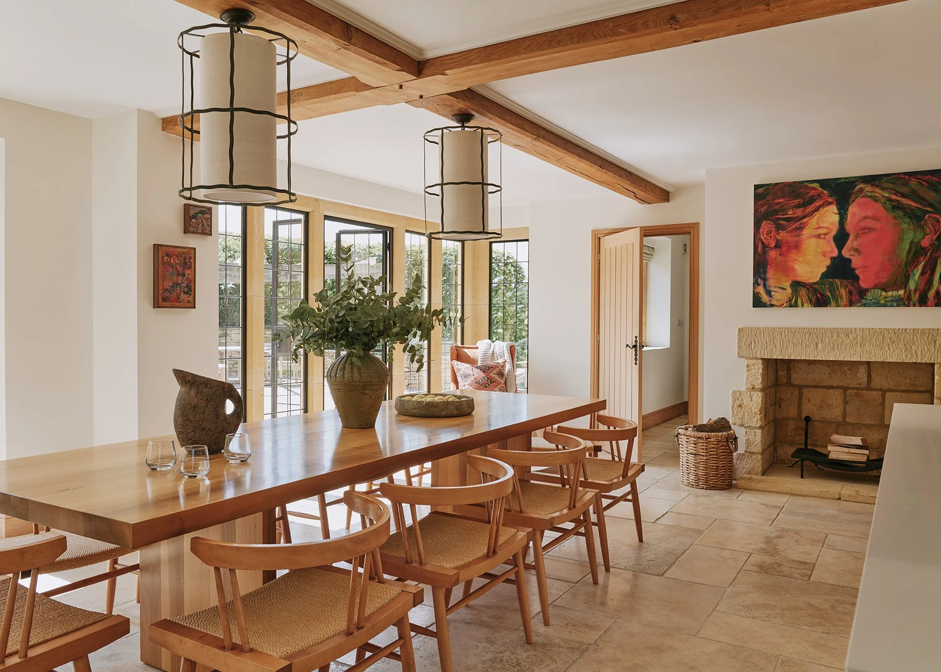 A large, solid-timber table which seats up to ten is ideal for breakfast, lunch and informal suppers all together.