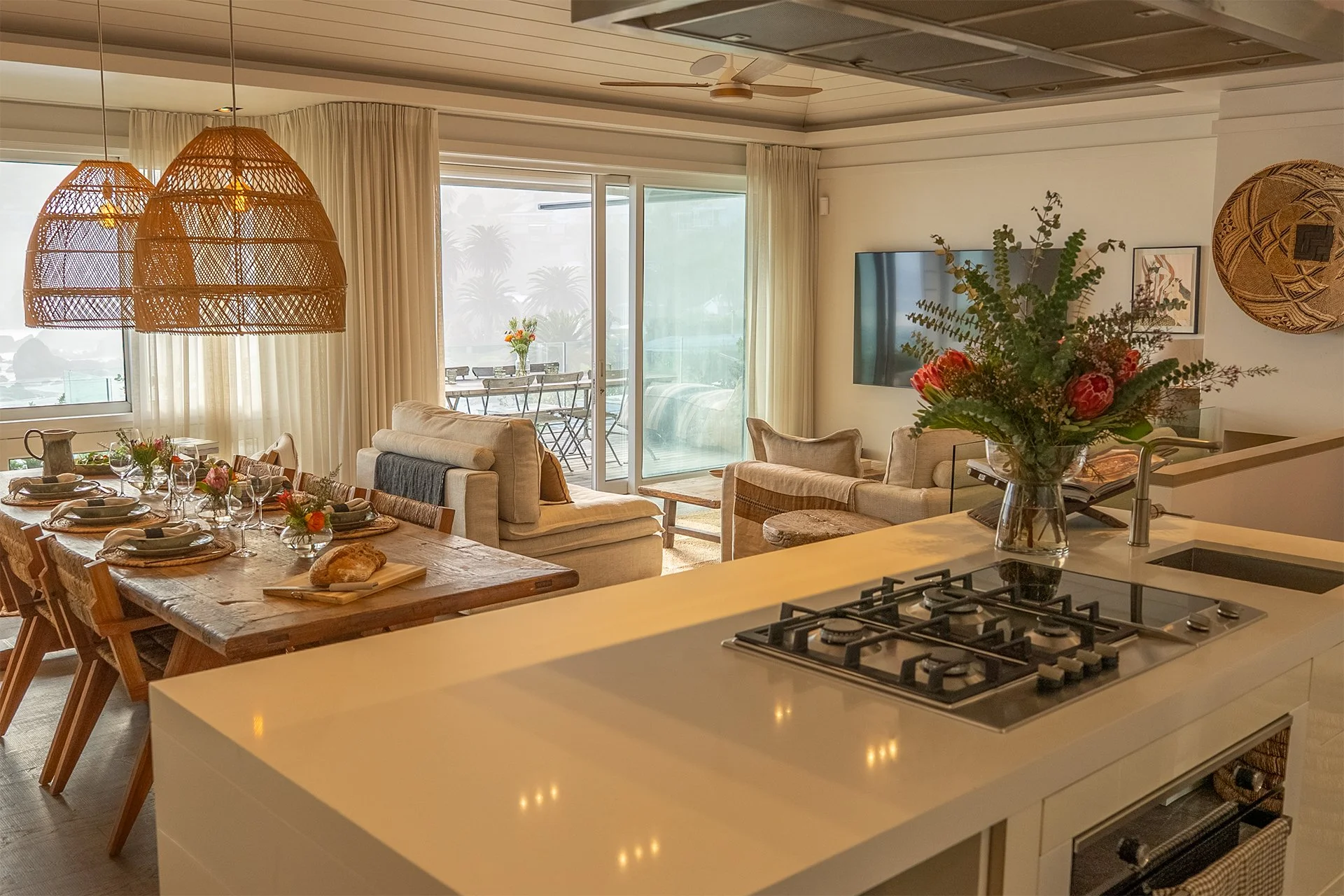 The kitchen is fully-equipped with island and cooker/worktop offering ocean views.