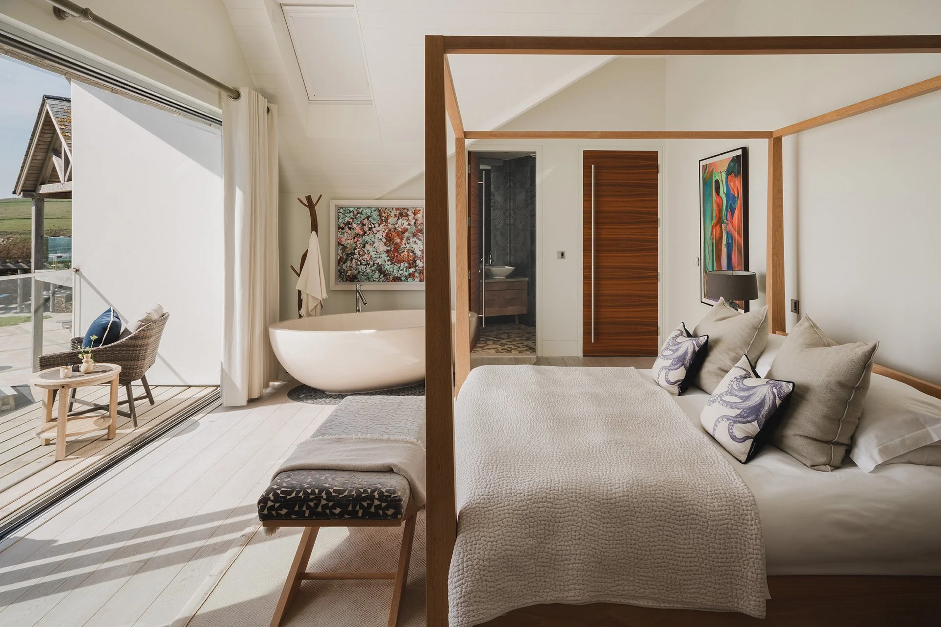 All five beautiful bedrooms have stunning sea views as well as a sumptuous ViSpring bed; two feature oak four-posters.