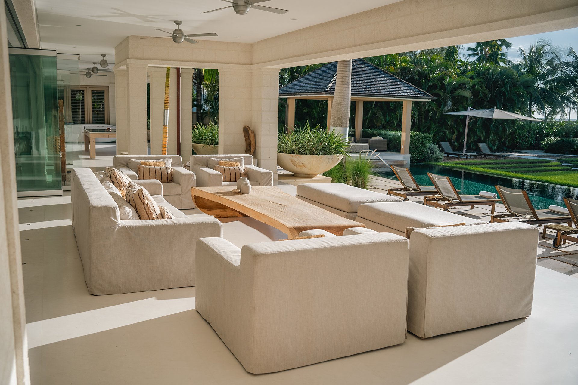 Measuring over 1,250 metres square, the villa was designed by local award-winning architects Gillespie & Steel and uses some of the island’s most beautiful materials. The clever design brings the outside in with incredible views of the infinity pool 