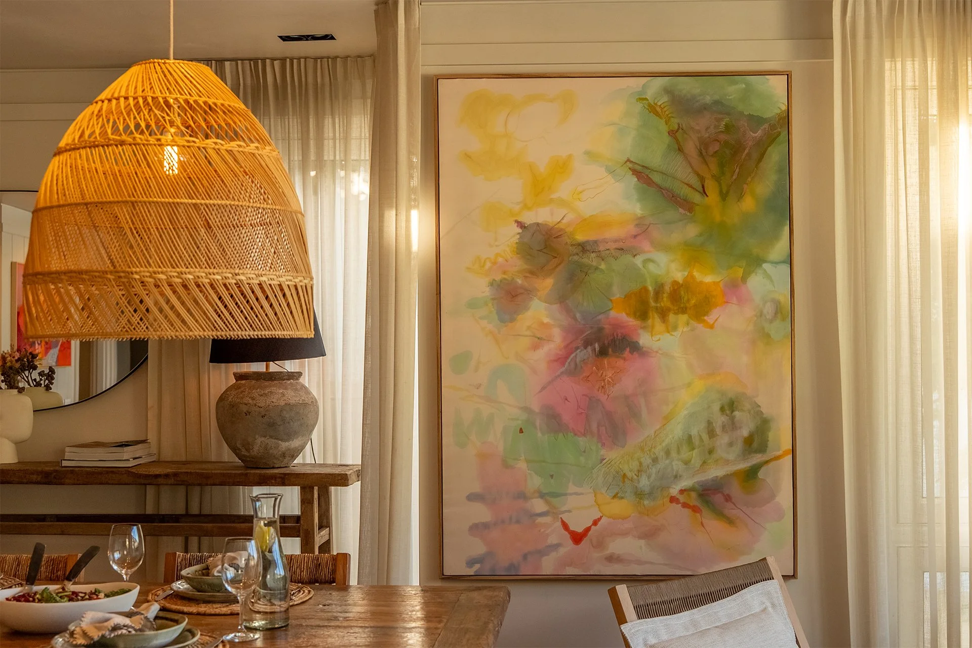 Art includes Waterbug Role Play, an ethereally beautiful work in multiple mediums by Cape Town artist Xanthe Scout Lardner-Burke, and A Frayed Memory, a vivid, expressive work by Carolina Salinas reflecting her interest in women’s identity.