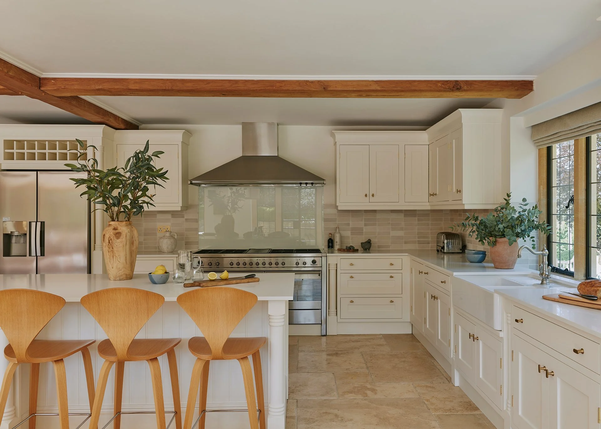

At the heart of the house is the stylish Loxleys oak kitchen. Features include beams and limestone flooring, granite worktops, a seven-ring gas range with griddle, two large ovens (one perfect for pizza and bread baking), a combination oven, microw
