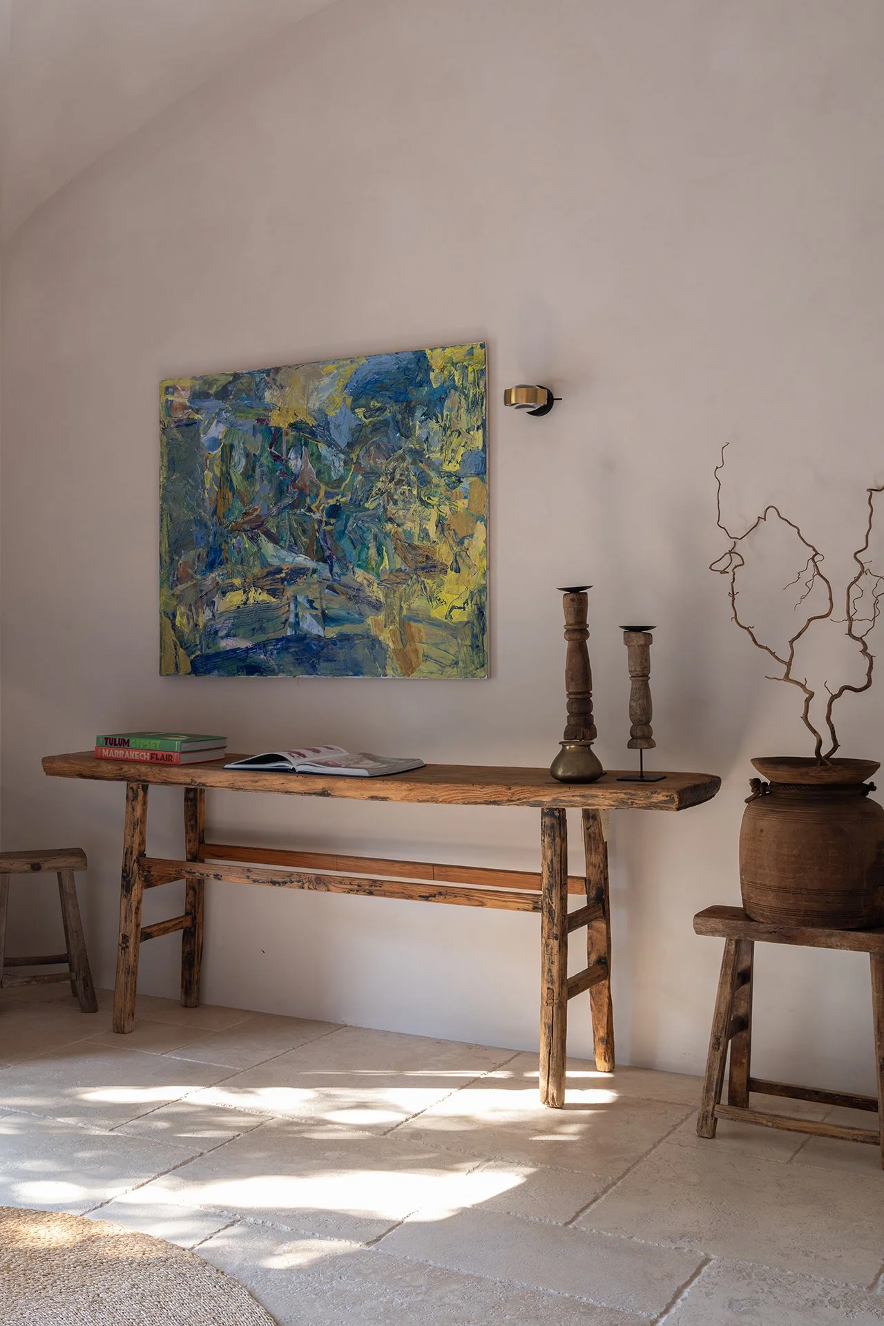 The house’s fresh sun-bleached walls with warm earthy hues and spacious open-plan areas are brimming with natural light, exquisite Spanish art and bespoke furniture.