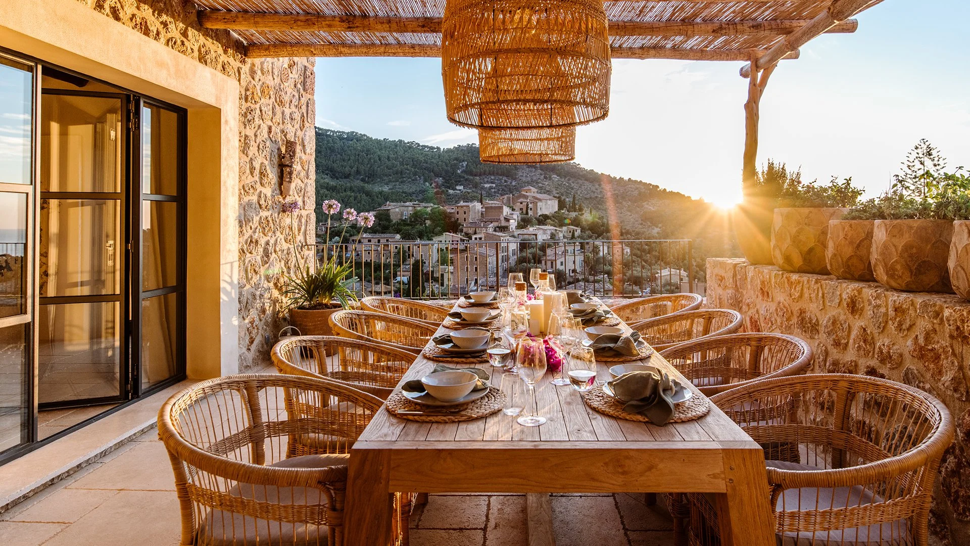 The covered terrace provides a cool, elegant space to unwind. Ideal for long lunches or evening cocktails with a view. A private chef can be arranged as part of our concierge service. Enquire for a month-long stay at Sa Milana, Mallorca.