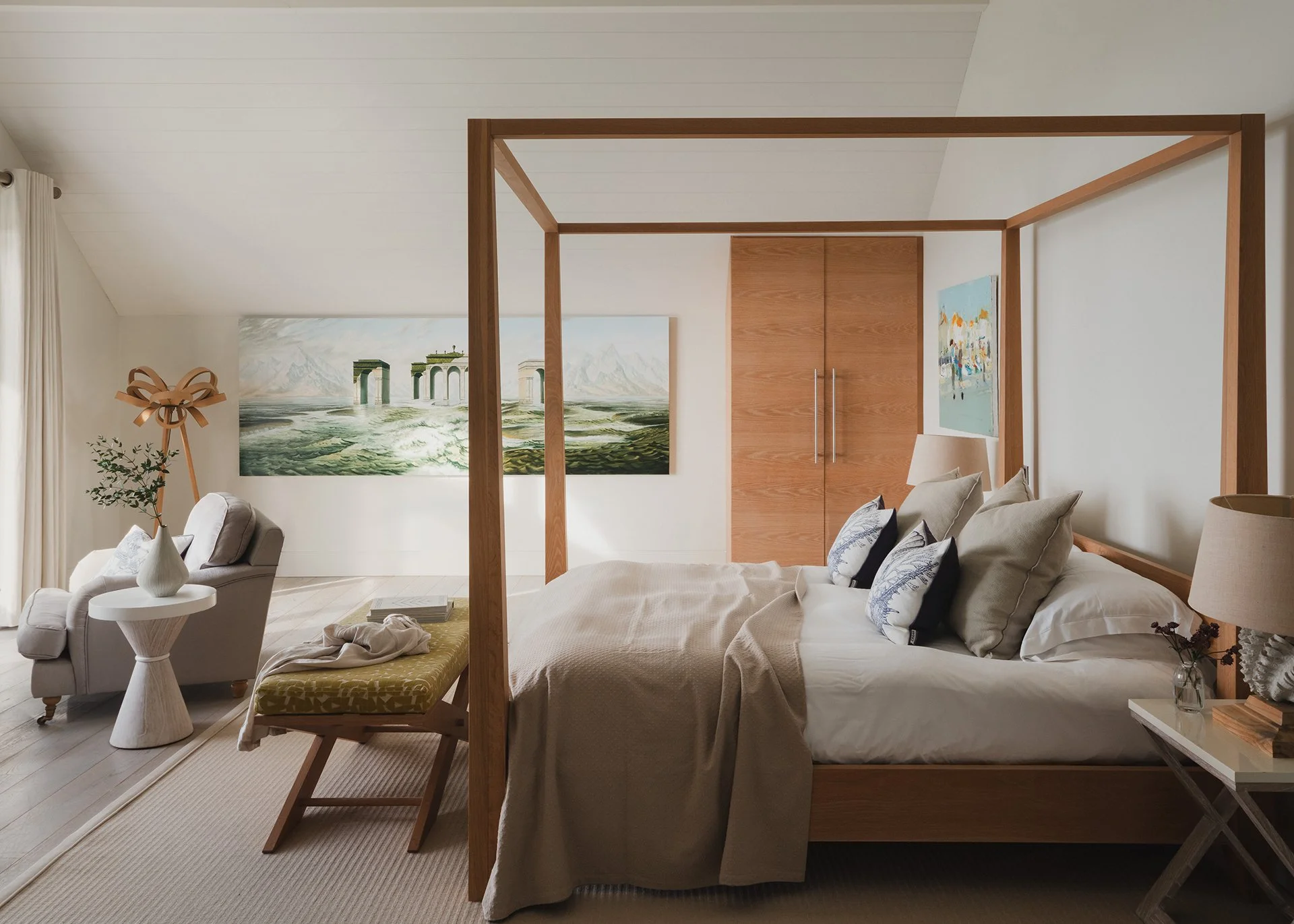 All five beautiful bedrooms have stunning sea views as well as a sumptuous ViSpring bed; two feature oak four-posters. The deck-chair colour scheme, beautiful bleached wood and tree trunk stools add to the coastal chic.