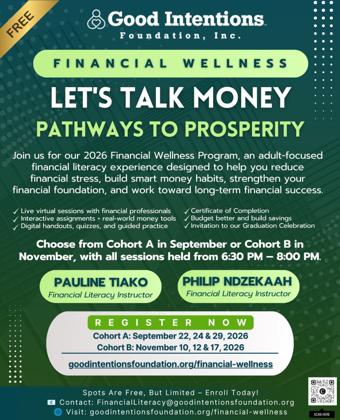 LET&rsquo;S TALK MONEY: PATHWAYS TO PROSPERITY! 💚

Registration is now open for Good Intentions Foundation, Inc.&rsquo;s 2026 Financial Wellness Program &mdash; a FREE adult-focused financial literacy experience designed to help participants reduce 