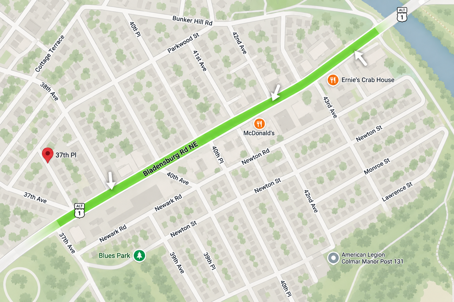Map showing the Good Intentions Foundation adopted section of US 1 Alternate and Bladensburg Road in Colmar Manor, Maryland